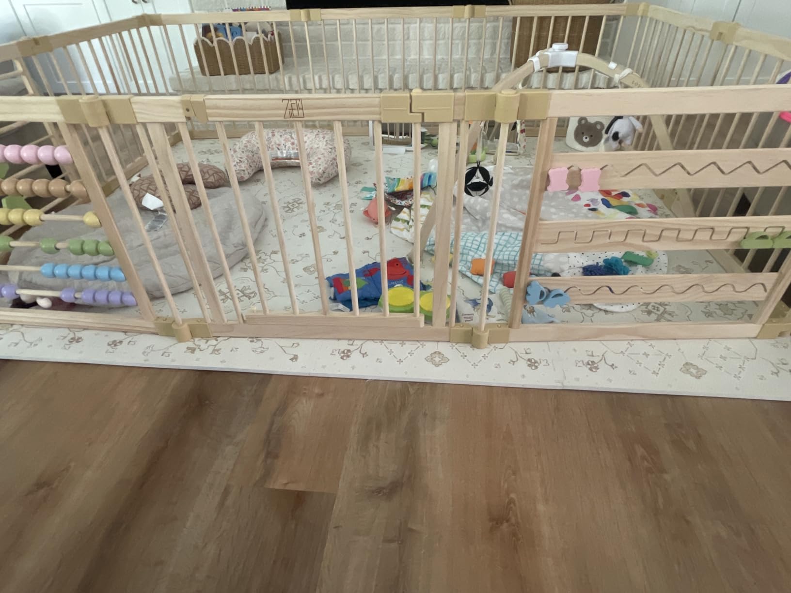 ZETY Natural Wood Baby Playpen, 8 Panel Foldable Play Yard, Door & Toys | Montessori style pine enclosure; compact 8 panel footprint; tool-free pop-button connectors; latching door customer photo 2