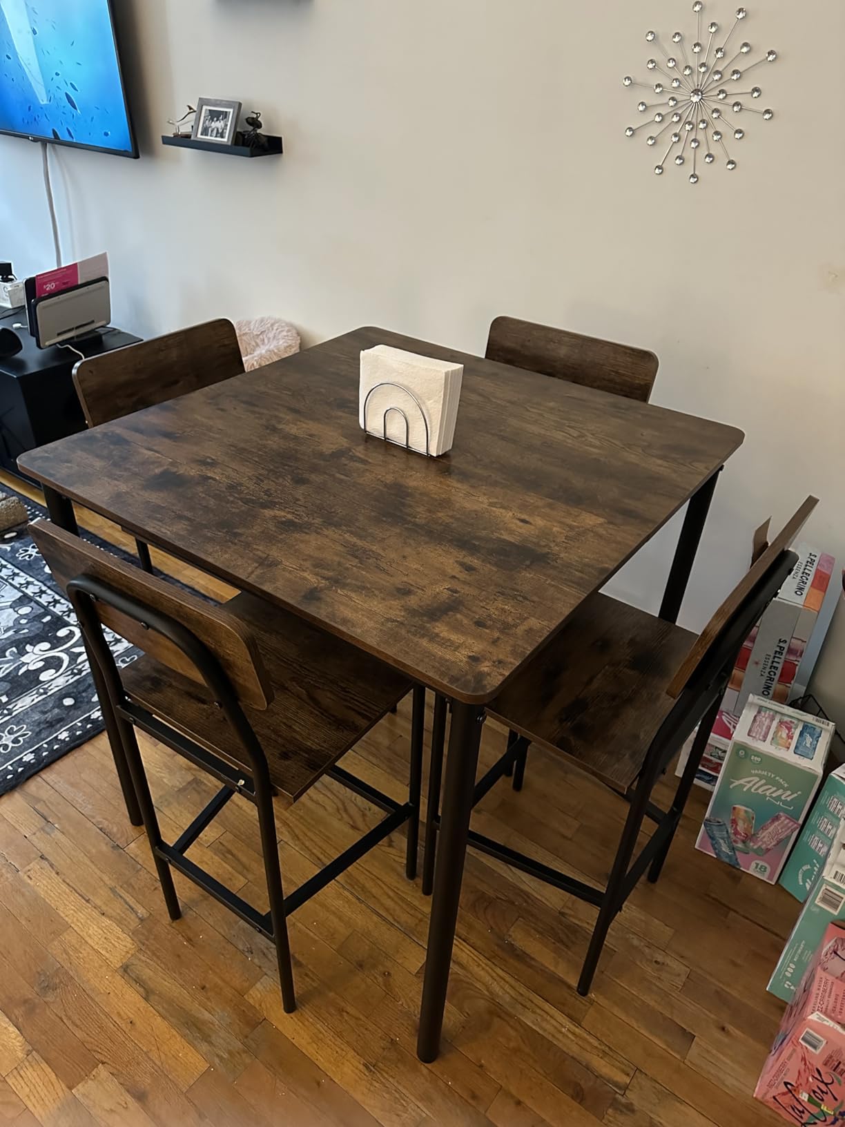 GIANTEX 5-Piece Dining Table Set W/Counter Height Table & 4 Bar Stools, Modern Kitchen Dining Set W/Footrest & Backrest, Space-Saving Dinette Set for Pub, Dining Room, Restaurant (Black Oak) customer photo 1