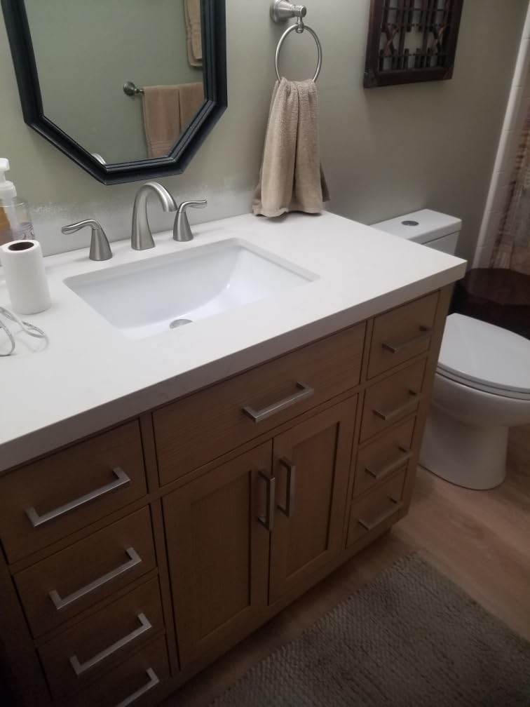 ARIEL Hepburn 42-inch Bathroom Vanity with Sink, Solid Wood, 1.5-inch Carrara White Quartz Countertop & Backsplash, Single Rectangular Porcelain Sink, 2 Soft Closing Doors, 9 Dovetail Drawers, White customer photo 2