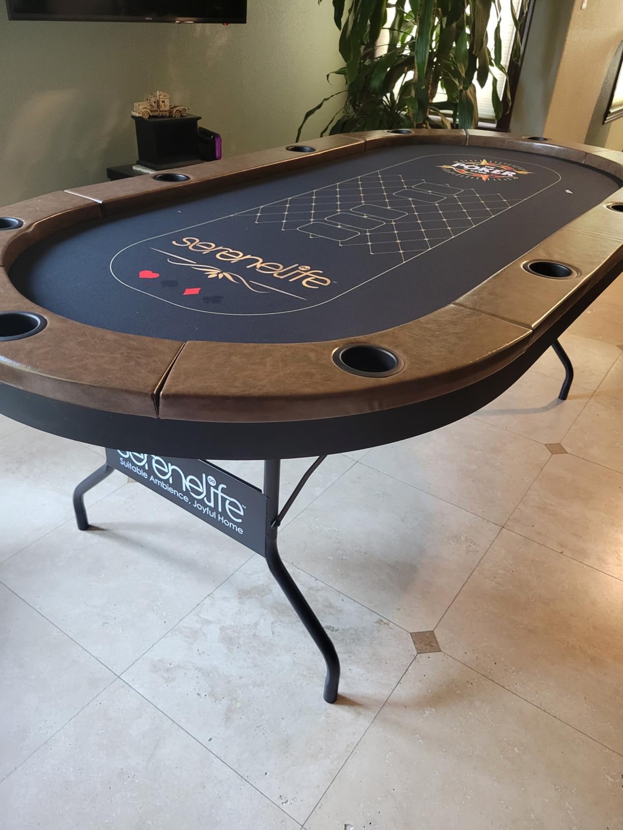 SereneLife 10-Player Oval Foldable Poker Table - Casino Texas Hold'em Table with Water-Resistant Cushioned Rail, 10 Cup Holders, Brown Felt Surface, Black Jack Board & Family Games (Brown) customer photo 2