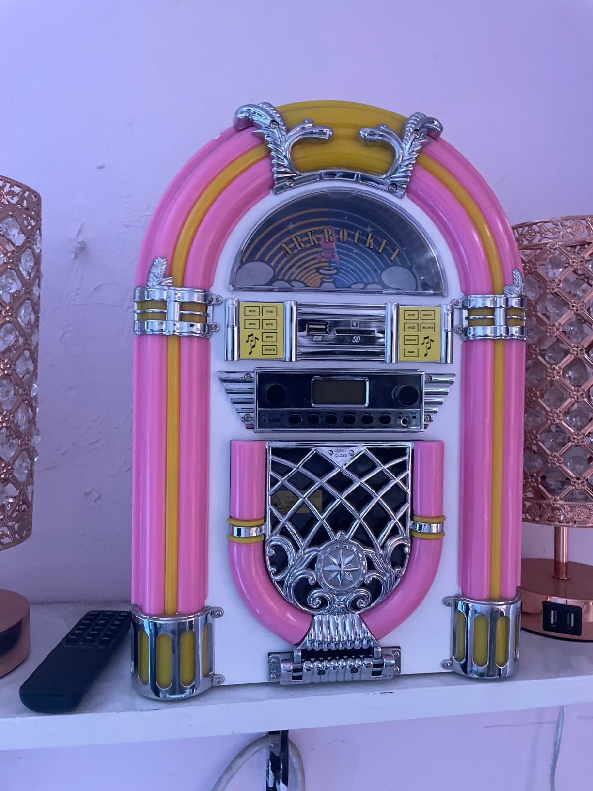 Arkrocket Athena Mini Jukebox/Tabletop CD Player/Bluetooth Speaker/Radio/USB and SD Card Player with Retro LED Lighting System (Black Golden) customer photo 2