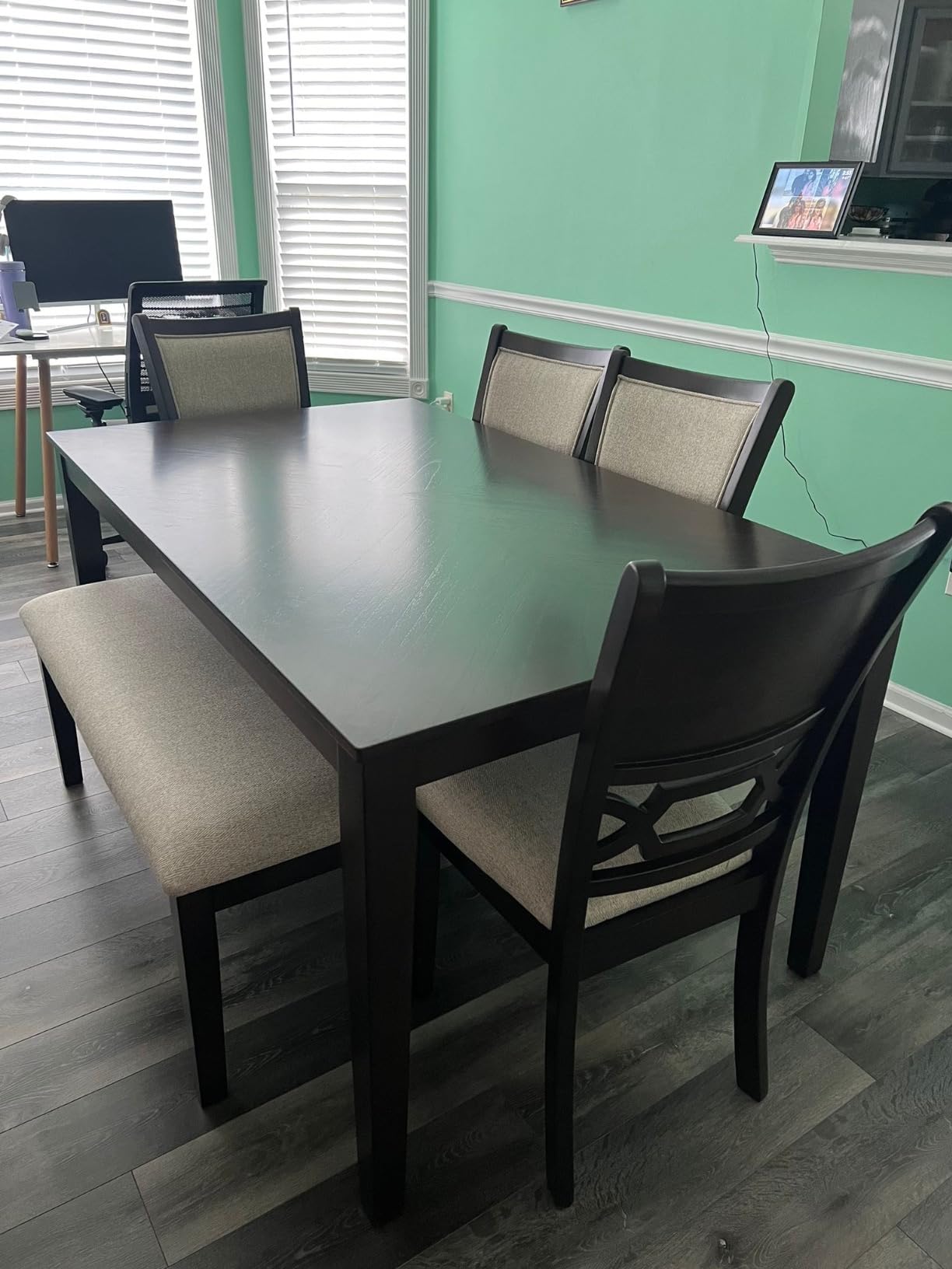 Signature Design by Ashley Langwest 6-Piece Dining Table Set with Bench | Seats up to 6, 60.38 in W dining table, Reverse diamond patterned veneer, Tapered legs, Light beige polyester fabric customer photo 1