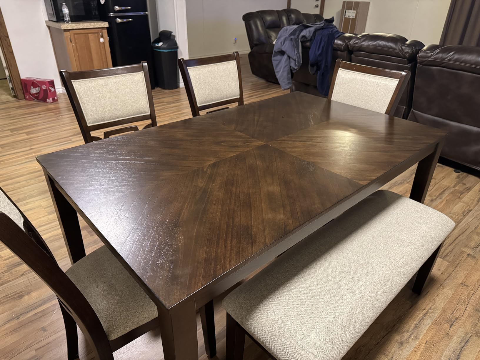 Signature Design by Ashley Langwest 6-Piece Dining Table Set with Bench | Seats up to 6, 60.38 in W dining table, Reverse diamond patterned veneer, Tapered legs, Light beige polyester fabric customer photo 2