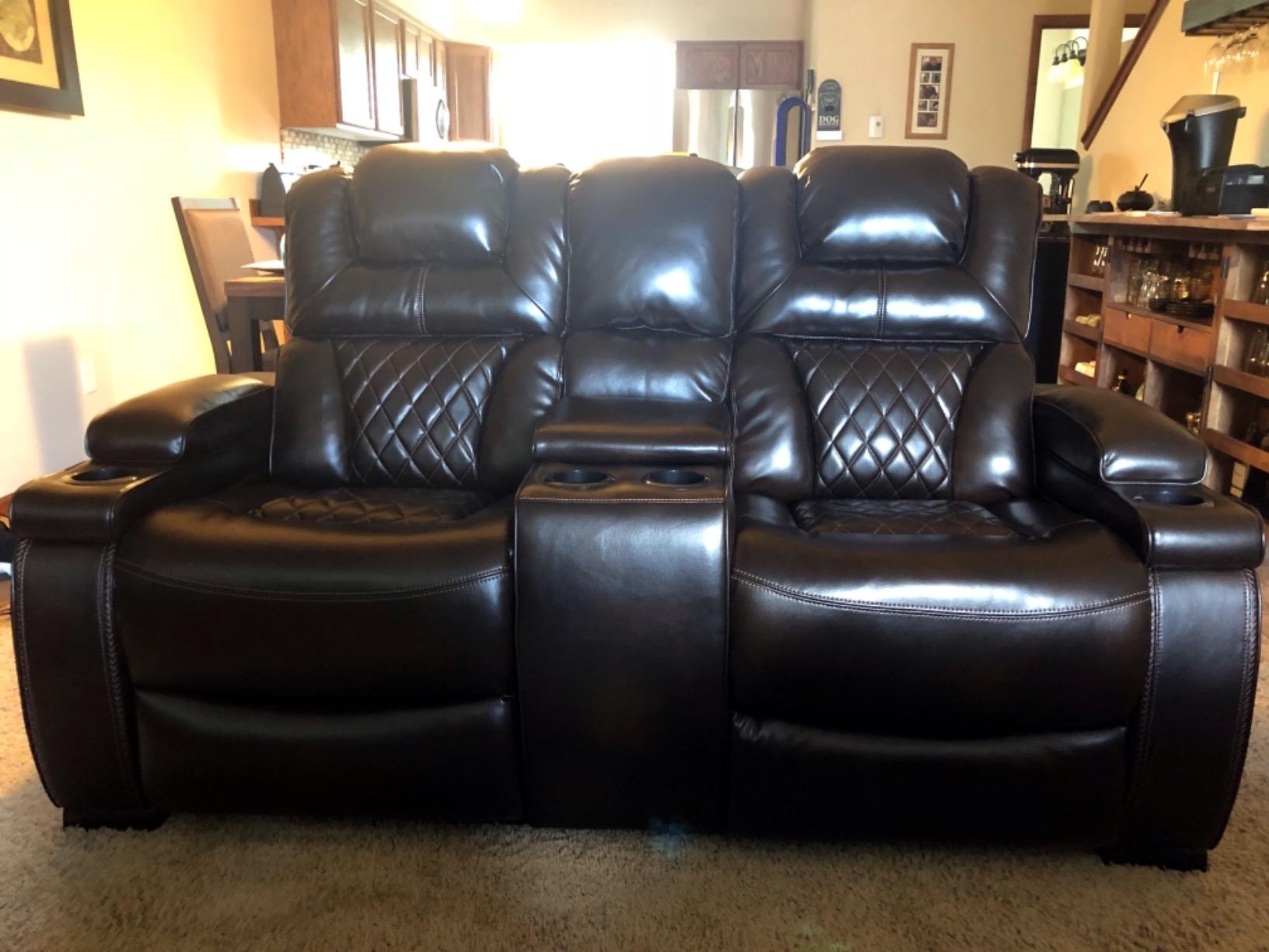 Signature Design by Ashley 3-Seat Power Reclining Sofa, Heat, Massage, Gray | Combination of leather and faux leather, Air massage, Heated seats, Drop-down table, Zero gravity, Boyington customer photo 1