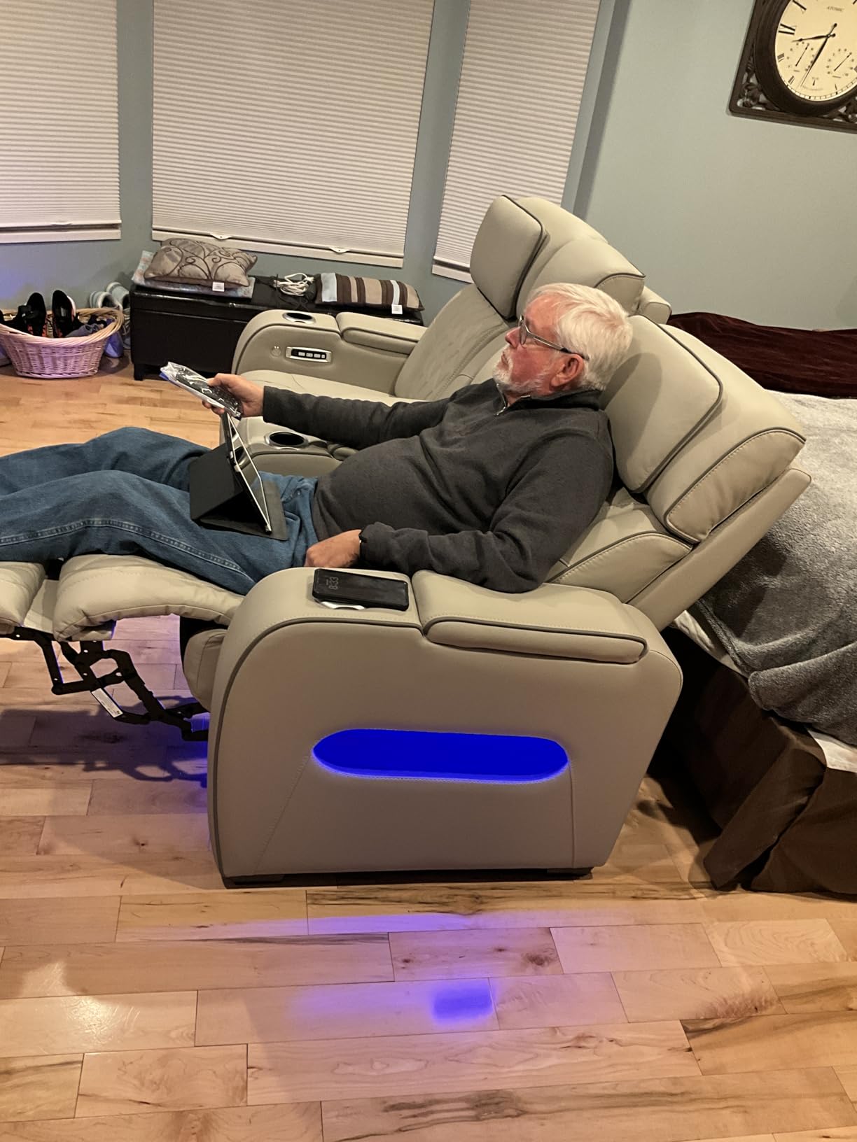 Signature Design by Ashley 3-Seat Power Reclining Sofa, Heat, Massage, Gray | Combination of leather and faux leather, Air massage, Heated seats, Drop-down table, Zero gravity, Boyington customer photo 2