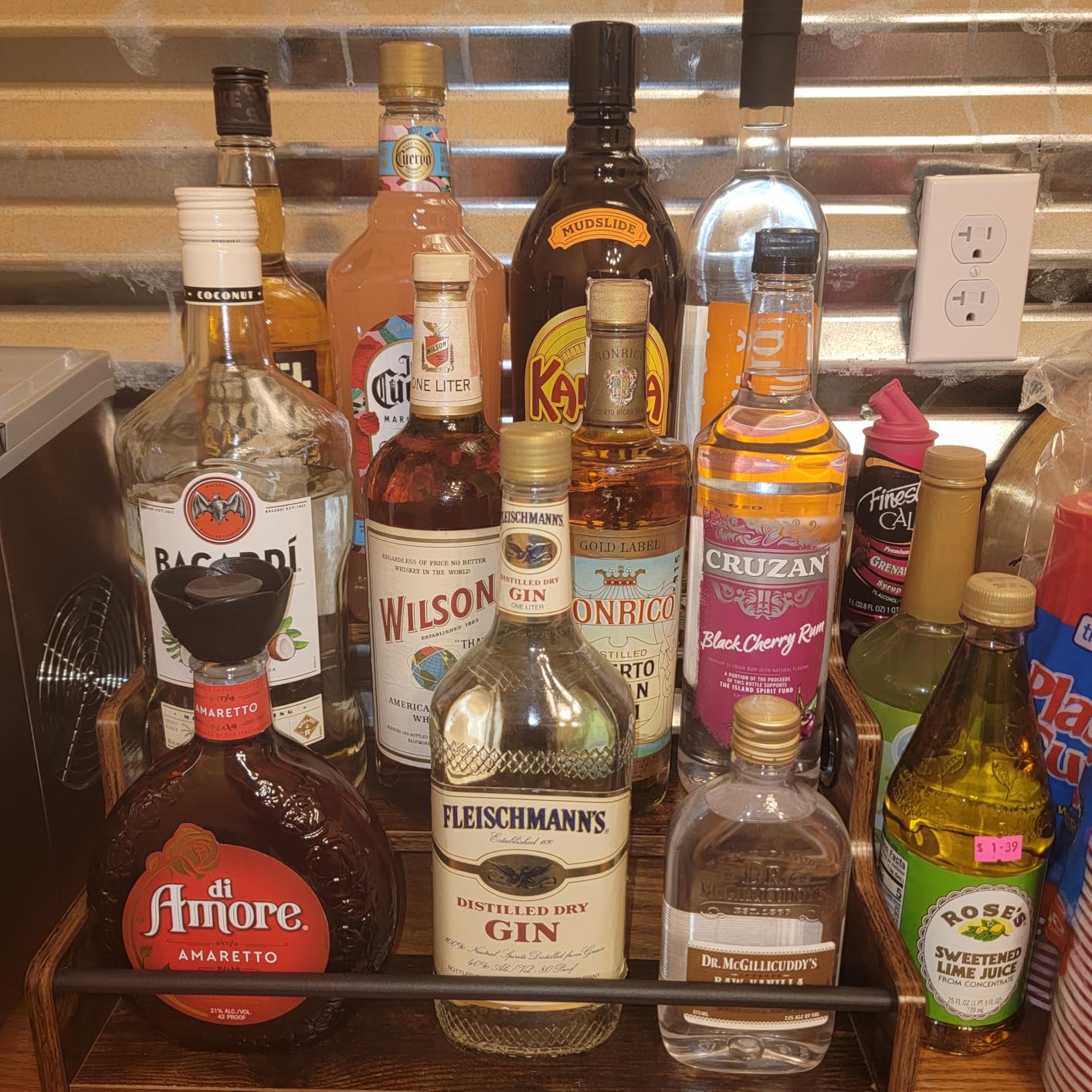 KLM Liquor Bottle Display Shelf, Coffee Syrup Rack Organizer, 3 Step Countertop Liquor Wine Rack, mini bar,liquor cabinet, Home Retro Bar Shelf Stand for Liquor Whiskey, Spirits customer photo 1