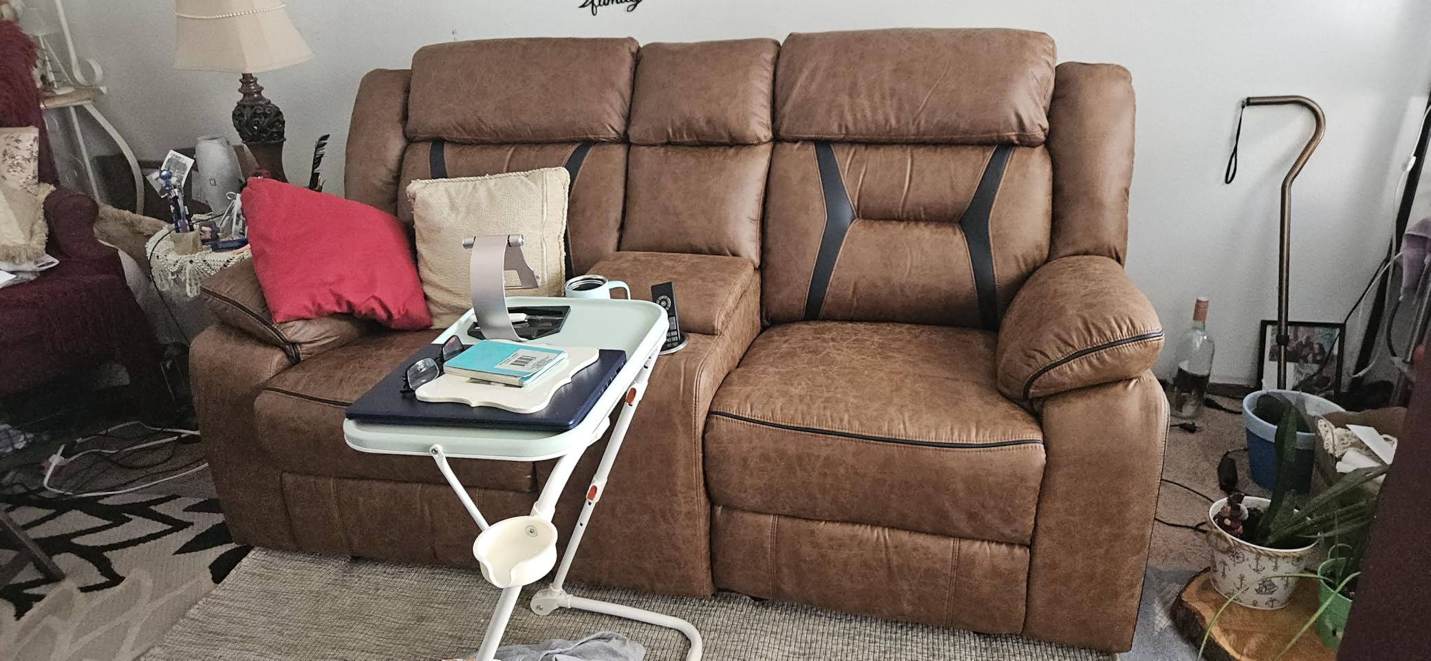 EBELLO Faux Leather Manual Loveseat Recliner, 2 Seat Reclining Sofa Chair with Center Console, Hidden Storage and Cup Holders, Daul Recliner for Living Room, Meeting Room, Brown customer photo 1