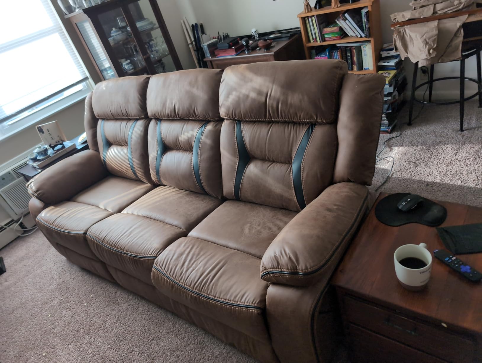 EBELLO Faux Leather Manual Loveseat Recliner, 2 Seat Reclining Sofa Chair with Center Console, Hidden Storage and Cup Holders, Daul Recliner for Living Room, Meeting Room, Brown customer photo 2