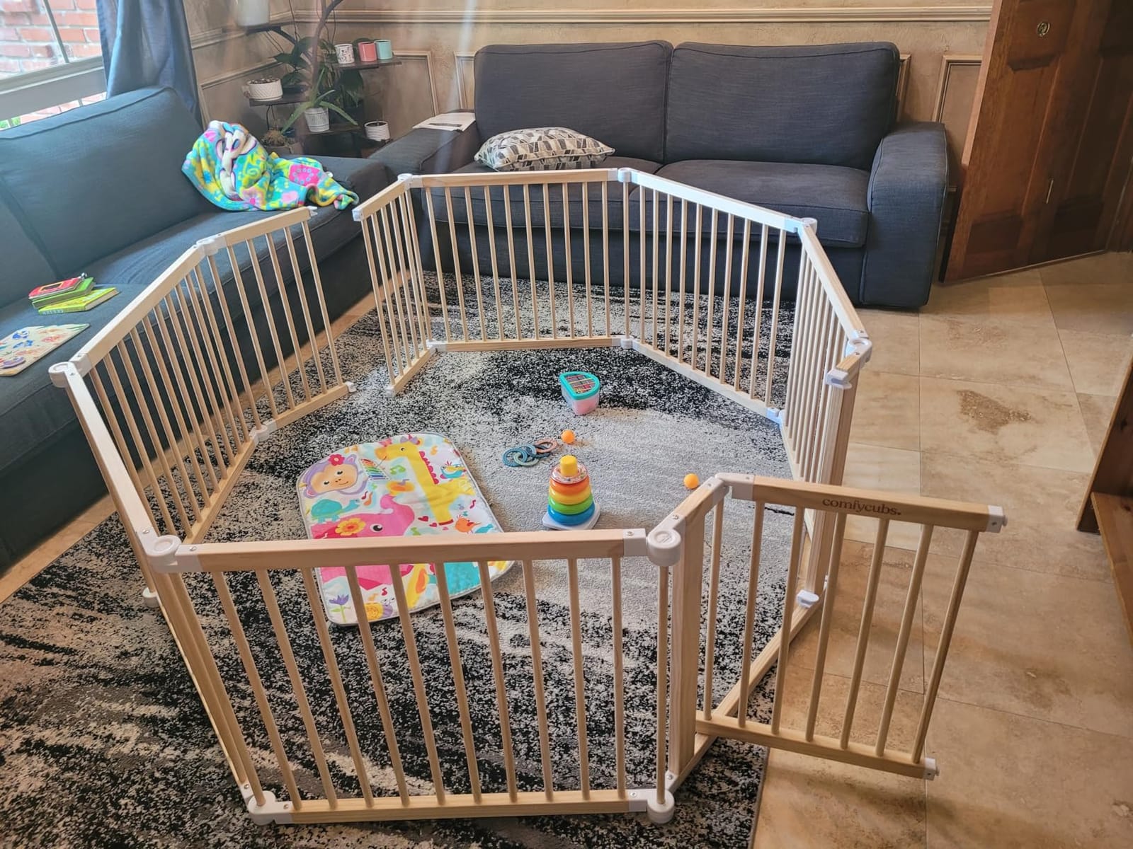 Comfy Cubs Baby Gate Playpen 57x57x25in - Foldable Playpen Light Wood White | Extends Up to 228