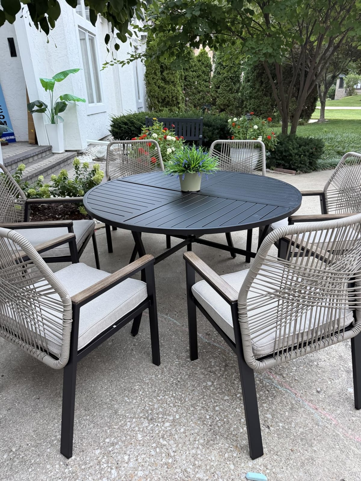 MIXPATIO Patio Dining Set, Extendable Metal Table, 6 Rattan Chairs, Beige, 84