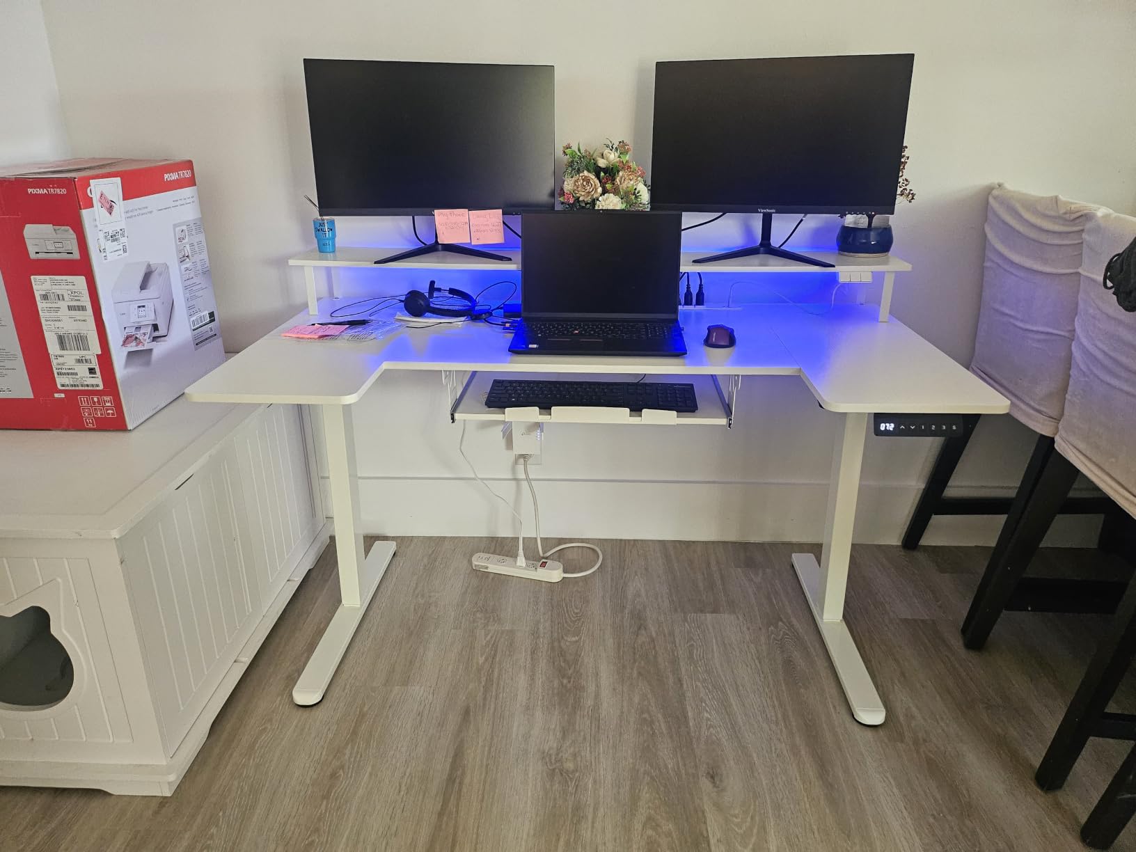 55 Inch U Shaped Electric Standing Desk with Keyboard Tray, White | 3 Outlets & 2 USB Ports, Dual-Monitor Stand, 10 Colors & 10 LED Modes, 3 Presets, 28.3