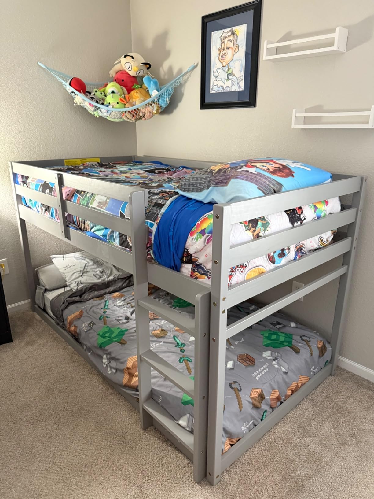 TOLEAD Low Bunk Bed Twin Over Twin, Floor Bunk Bed with Ladder, Twin Bunk Bed with Full Guardrails, Wooden Bunk Bed for Juniors, Boys, Girls, Kids, Bedrooms (Grey) customer photo 2