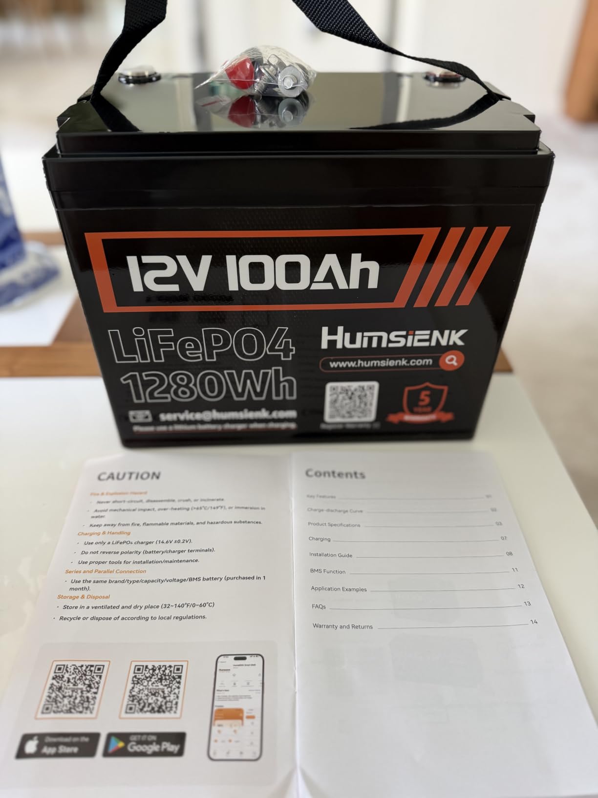 HumsiENK 12V 100Ah LiFePO4 Battery Lithium Deep Cycle, Group 24, IP67, Built-in 100A BMS, 1280Wh Energy, 15000+ Cycles for RV Solar Off-Grid Marine Trolling Motor, Portable Power for Camping customer photo 1
