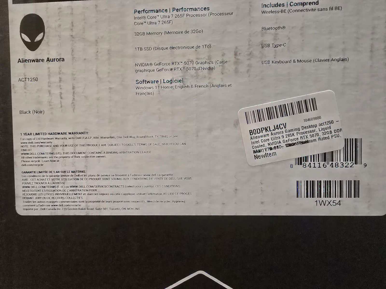 Alienware Aurora Gaming Desktop, RTX 5070, Intel Core Ultra 7 265F | 1TB SSD, 32GB DDR5, Wi-Fi 7, Bluetooth, Killer 2.5Gb Ethernet, Windows 11 Home, Wired Keyboard, ACT1250 customer photo 1