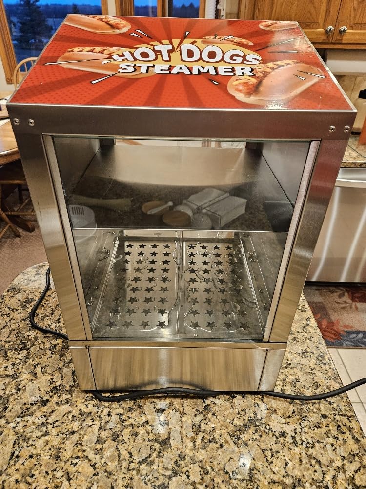 CROSSON 42L Hot Dog Steamer, 2-Tier Hot Dog Hut Steamer, Electric Bun Warmer with 86℉~185℉ Temperature Control, Tempered Glass Slide Doors Partition Plate Tong, Stainless Steel customer photo 2