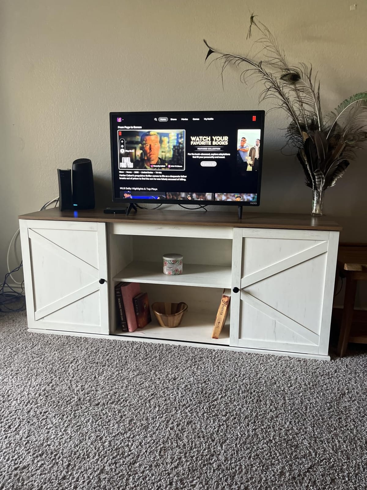 VASAGLE Farmhouse TV Stand for 80'' TV, Media Console, Sliding Barn Doors customer photo 2