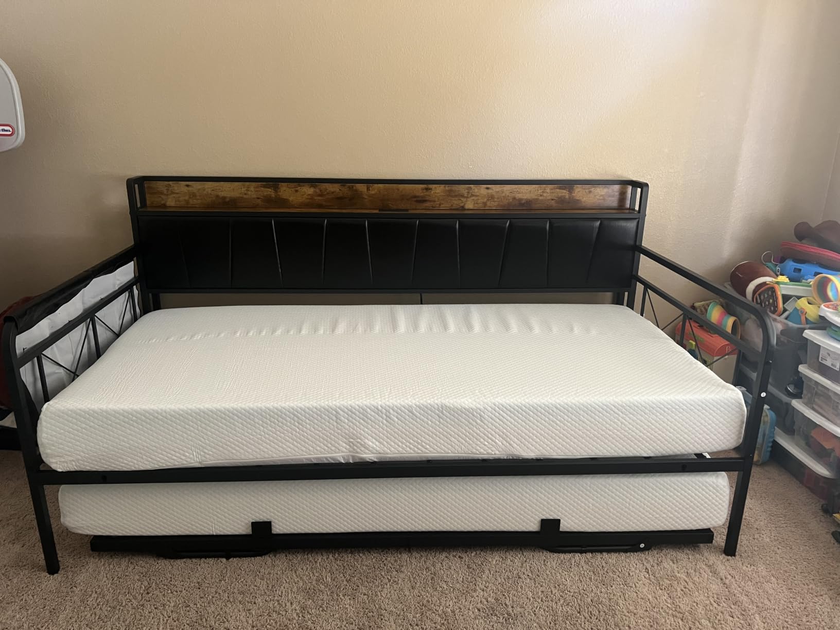 LIKIMIO Twin Daybed, Day Bed Frame with Pop Up Trundle, Grey | Pop Up Trundle Bed with Smooth Wheels, Charging Station, Storage Shelf & Bag, Upholstered Headboard, Strong Supports customer photo 2