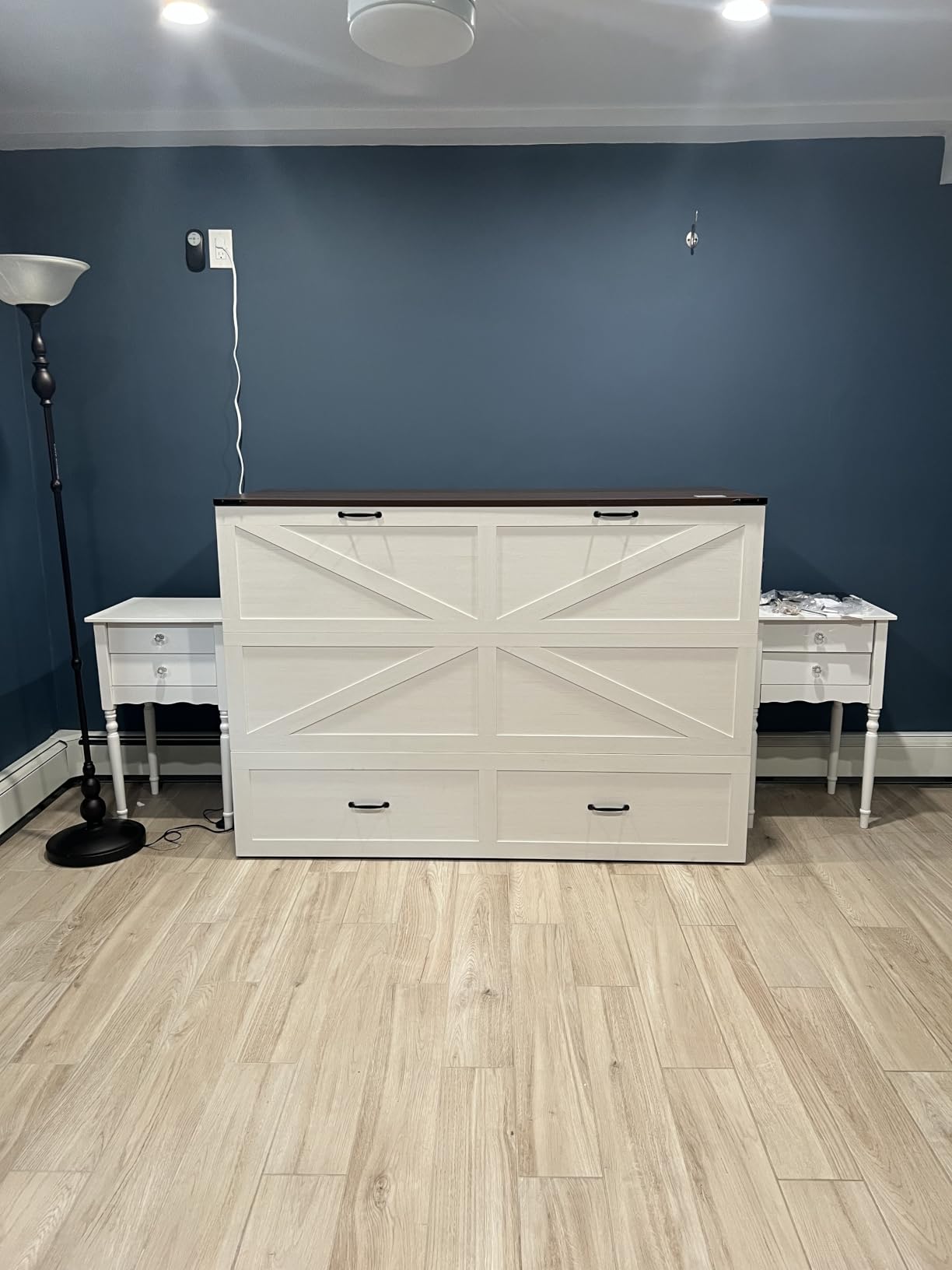 Hlivelood Queen Size Murphy Chest Bed with Drawer and Charging Station, Farmhouse Wood Space-Saving Hidden Folding Bed Chest, Multifunctional Storage Cabinet Beds for Bedroom, Office, Rustic White customer photo 1