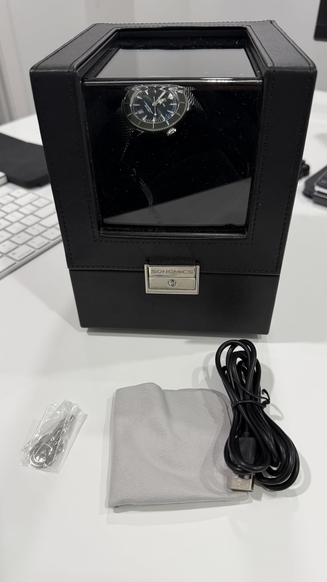 SONGMICS Automatic Single Watch Winder Box, Quiet Motor, LED Light, Lock | For Automatic Watches, Adjustable Pillow, 4 Winding Settings, USB-C Charging Cable, Black, BRIDIE Collection UJWB030B01 customer photo 2