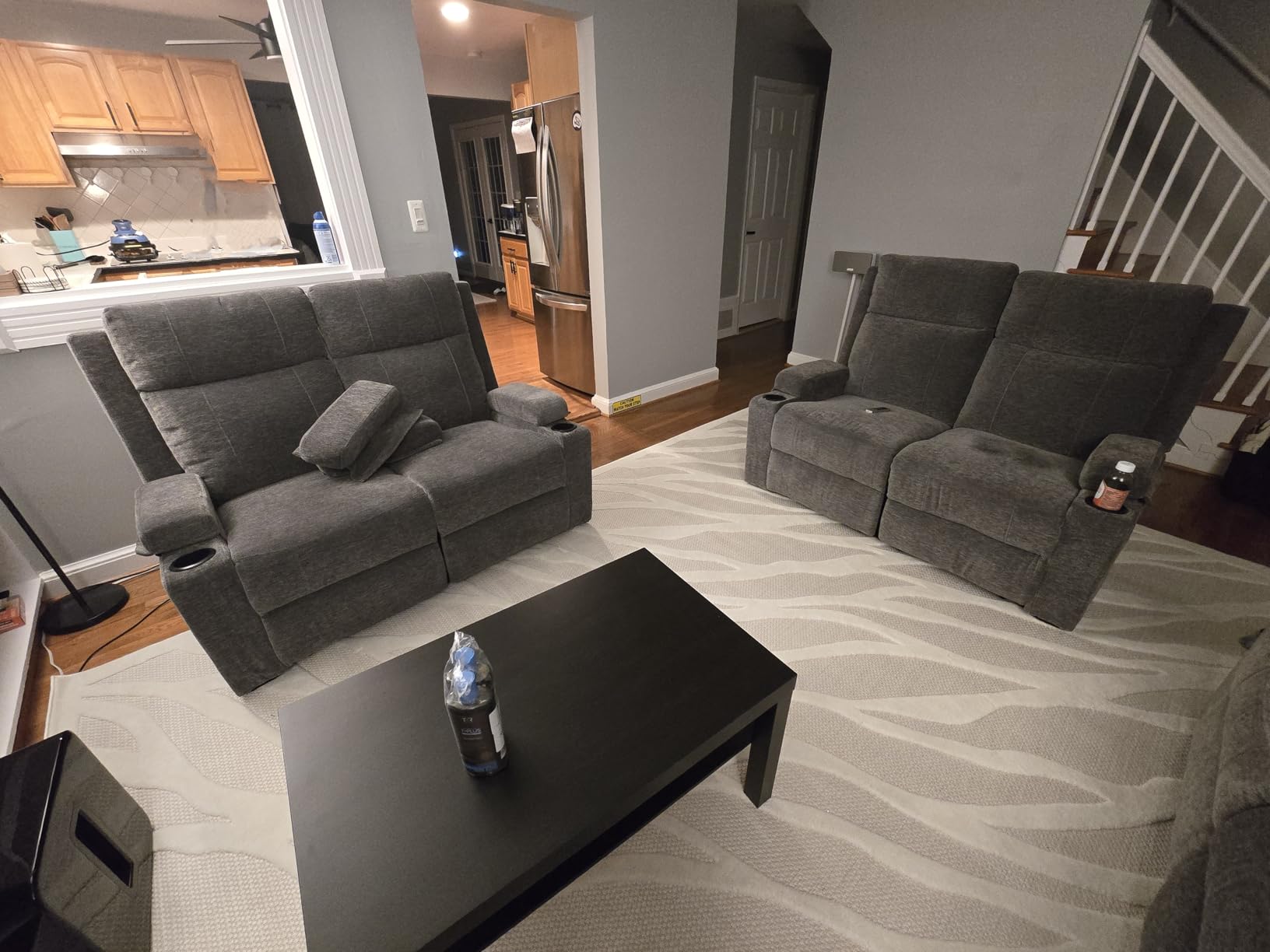 GUEAPY Reclining Sofa for Living Room, 3 Seater Manual Reclining Couch with Chenille Fabric, Flip-Down Center Backrest, 4 Cup Holders, Storage Drawer & Side Pockets, Home Theater Seating, Gray customer photo 1