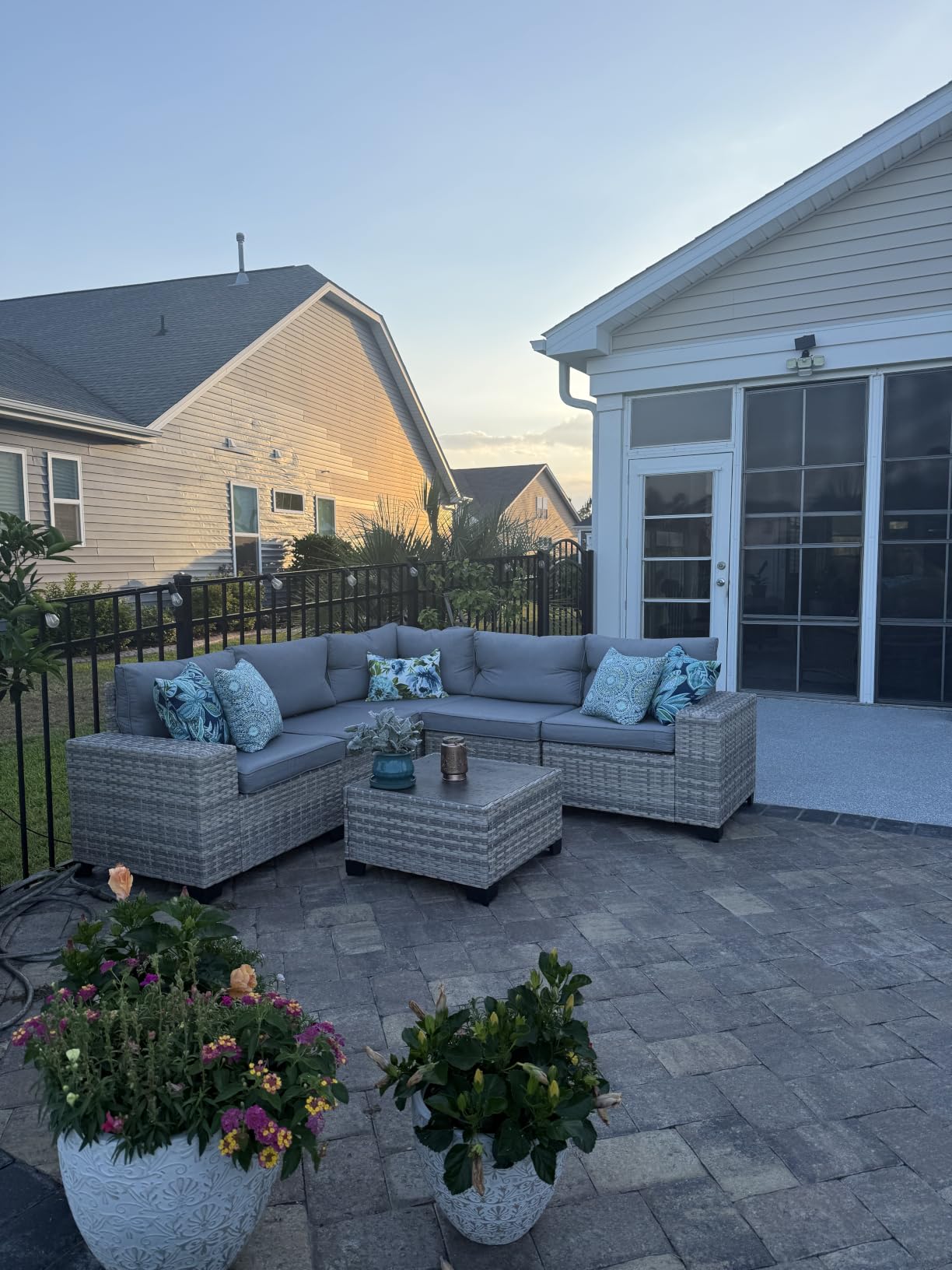 Outdoor Patio Furniture Set PE Wicker Rattan Outdoor Sectional Sofa, Patio Conversation Set with Rocking Swivel Chair, Chunky Arms Coffee Table & Thickened Cushions for Porch 9PCS, Grey customer photo 1