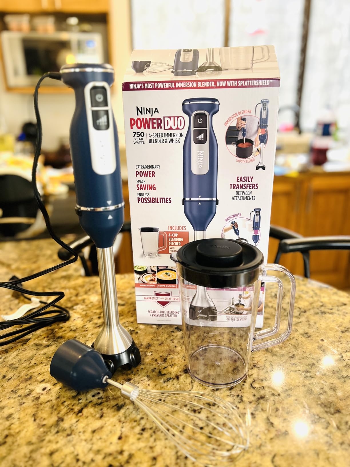 Ninja Immersion Blender & Whisk, 4 Speeds, 4oz Cup, Deep Navy, CI201ND | SplatterShield & PanProtect for mess-free blending. 4 speeds, 4-cup blending vessel, dishwasher safe, 5-ft cord. customer photo 1