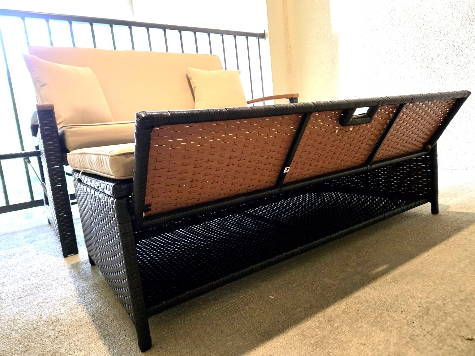 COSTWAY Patio Rattan Daybed, Outdoor Loveseat Sofa with Storage Ottoman, 4-Level Adjustable Backrest & Acacia Wood Armrest, Outdoor Wicker Daybed with Side Panels for Yard, Deck, Poolside (Beige) customer photo 2