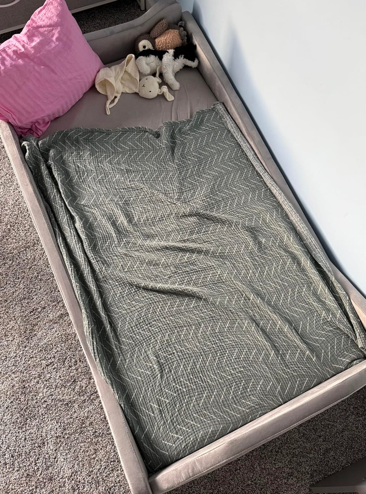 JOYMOR Toddler Bed, Floor Bed with Safety Guardrail, Montessori Toddler Bed with Animal Ear Shapes, Soft Velvet Wood Bed for Infant, Kids, Mattress not Included (Gray) customer photo 1