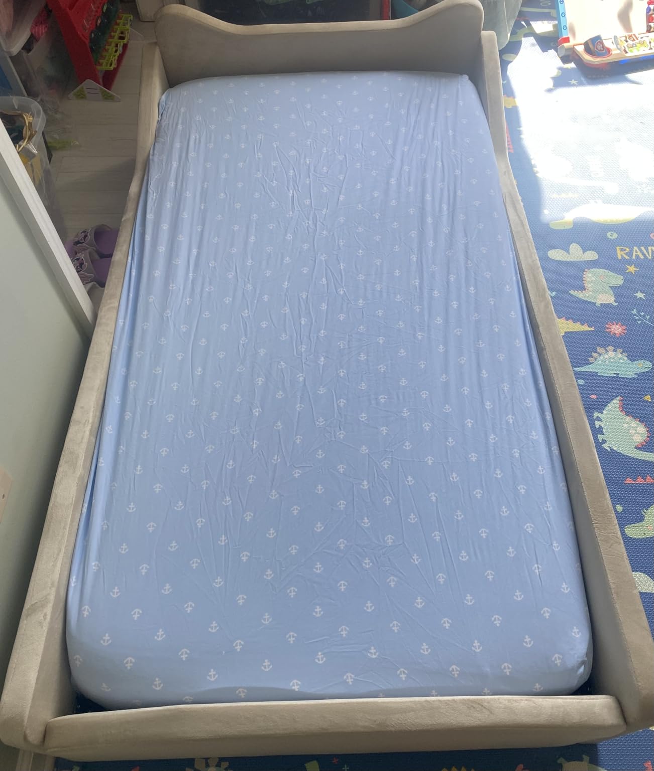 JOYMOR Toddler Bed, Floor Bed with Safety Guardrail, Montessori Toddler Bed with Animal Ear Shapes, Soft Velvet Wood Bed for Infant, Kids, Mattress not Included (Gray) customer photo 2