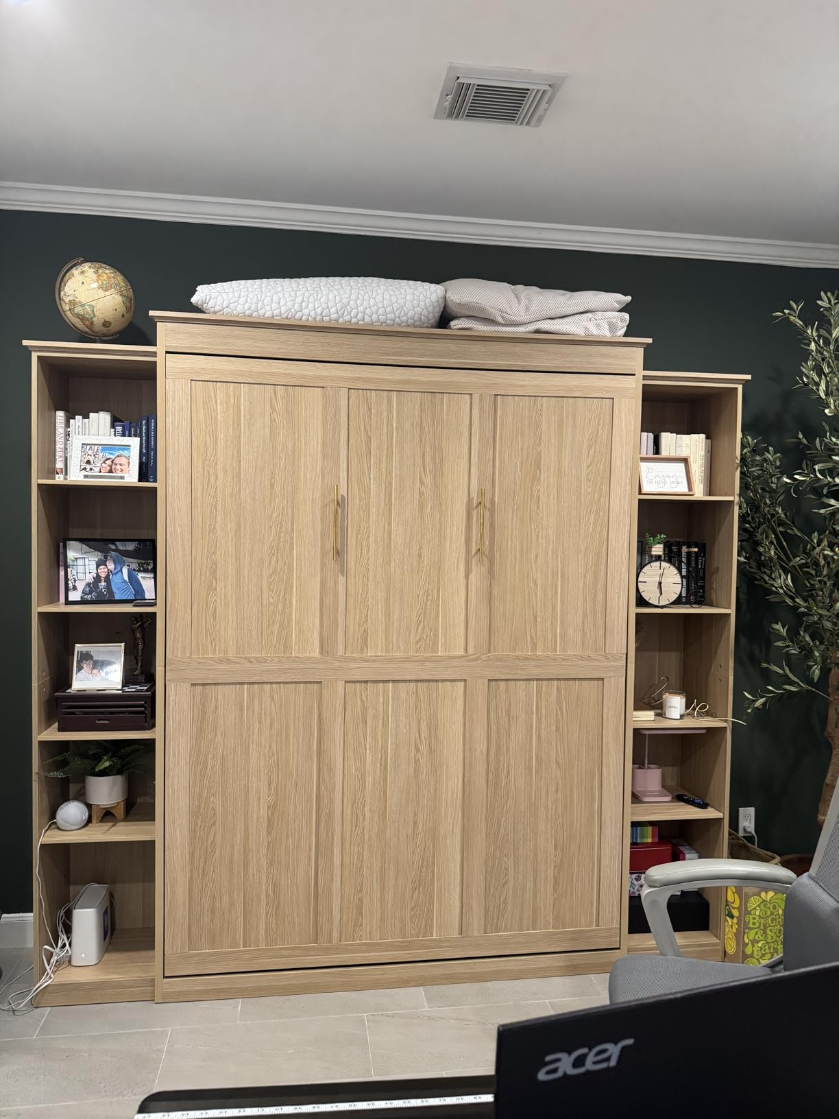 Rophefx Queen Murphy Bed Cabinet with 5-Tier Shelves, Wood Wall Bed, White | Foldable queen wall bed with five adjustable storage shelves saves floor space while adding practical storage to guest rooms customer photo 1