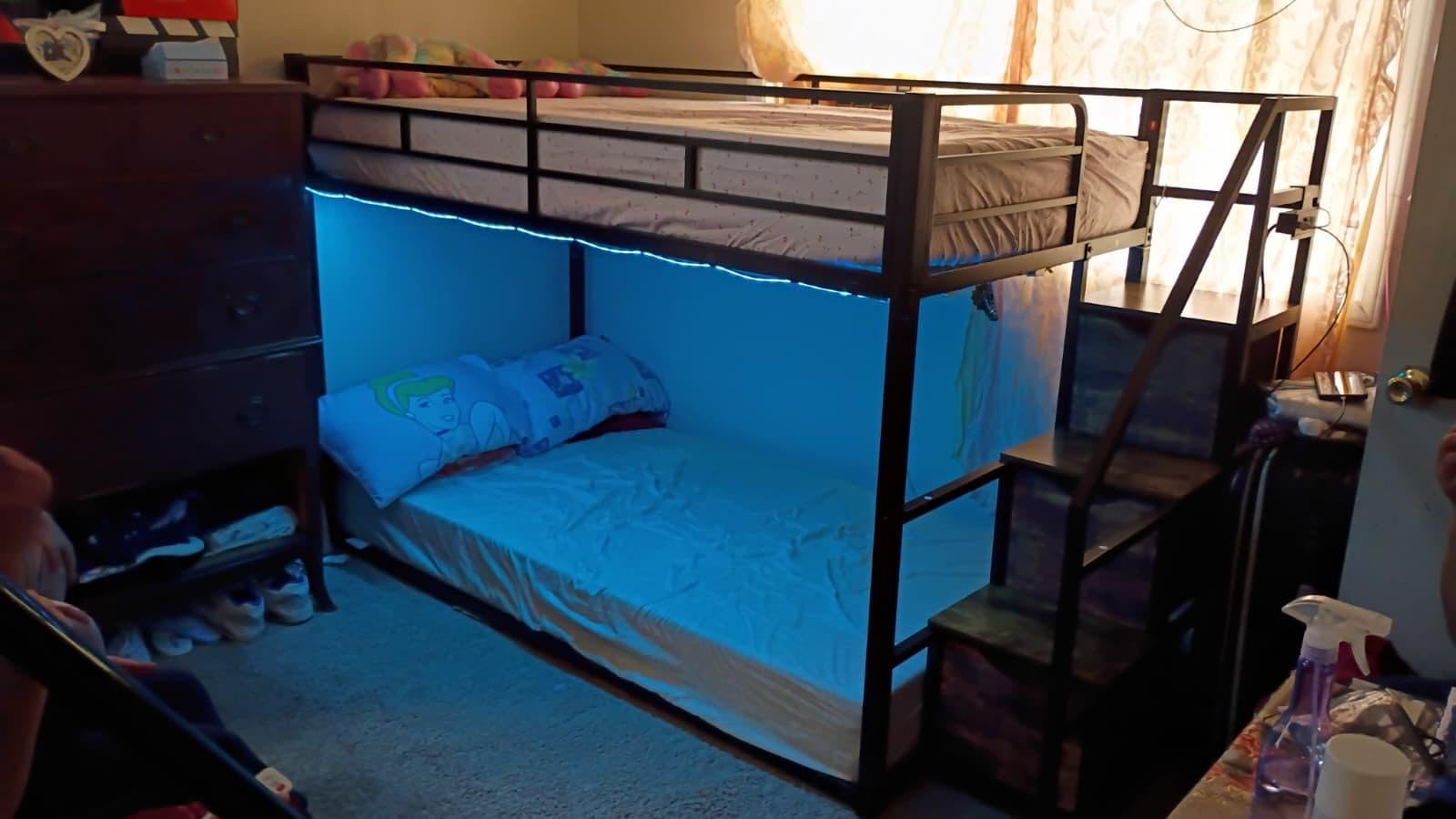 ADORNEVE Low Bunk Bed Twin Over Twin with Storage Staircase, Black | 3 Drawers & Shelf, RGB Lights Metal Floor Bunk with Power Outlet, Full-Length Guardrail & Metal Slats, for Kids Small Bedroom customer photo 2