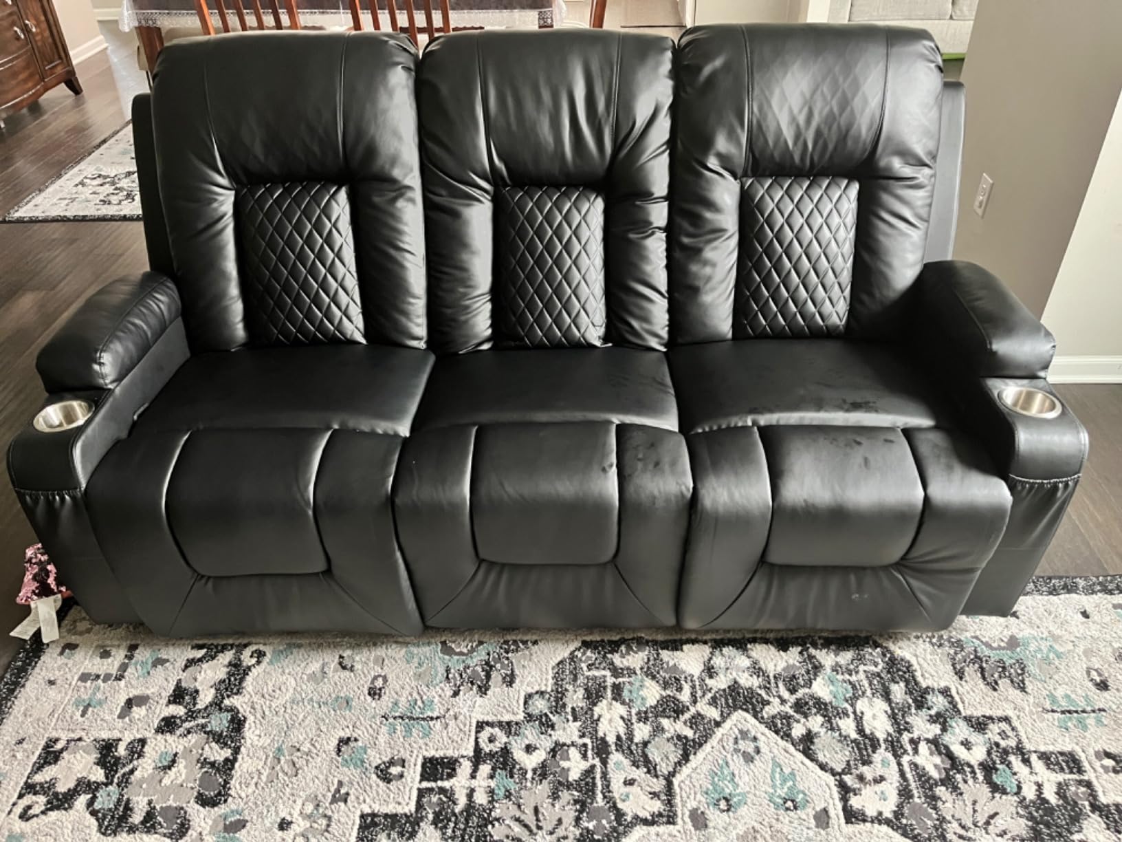 FURNIMAT Recliner Sofa, 4 Seater Dual Reclining Sofa with Flip Back Console, Modern PU Leather Recliner Couch for Living Room/RV, with Storage Drawer, USB Ports, Cup Holder, Cell Phone Holder, Black customer photo 2