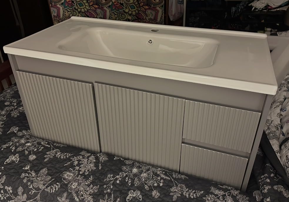 Smhxo Floating Bathroom Vanity with Sink, 40 Inch Wall Mounted Bathroom Vanity with 2 Drawers and Wave-Carved Design Door, Modern Wooden Cabinet with Ceramic Sink and Storage, White customer photo 2