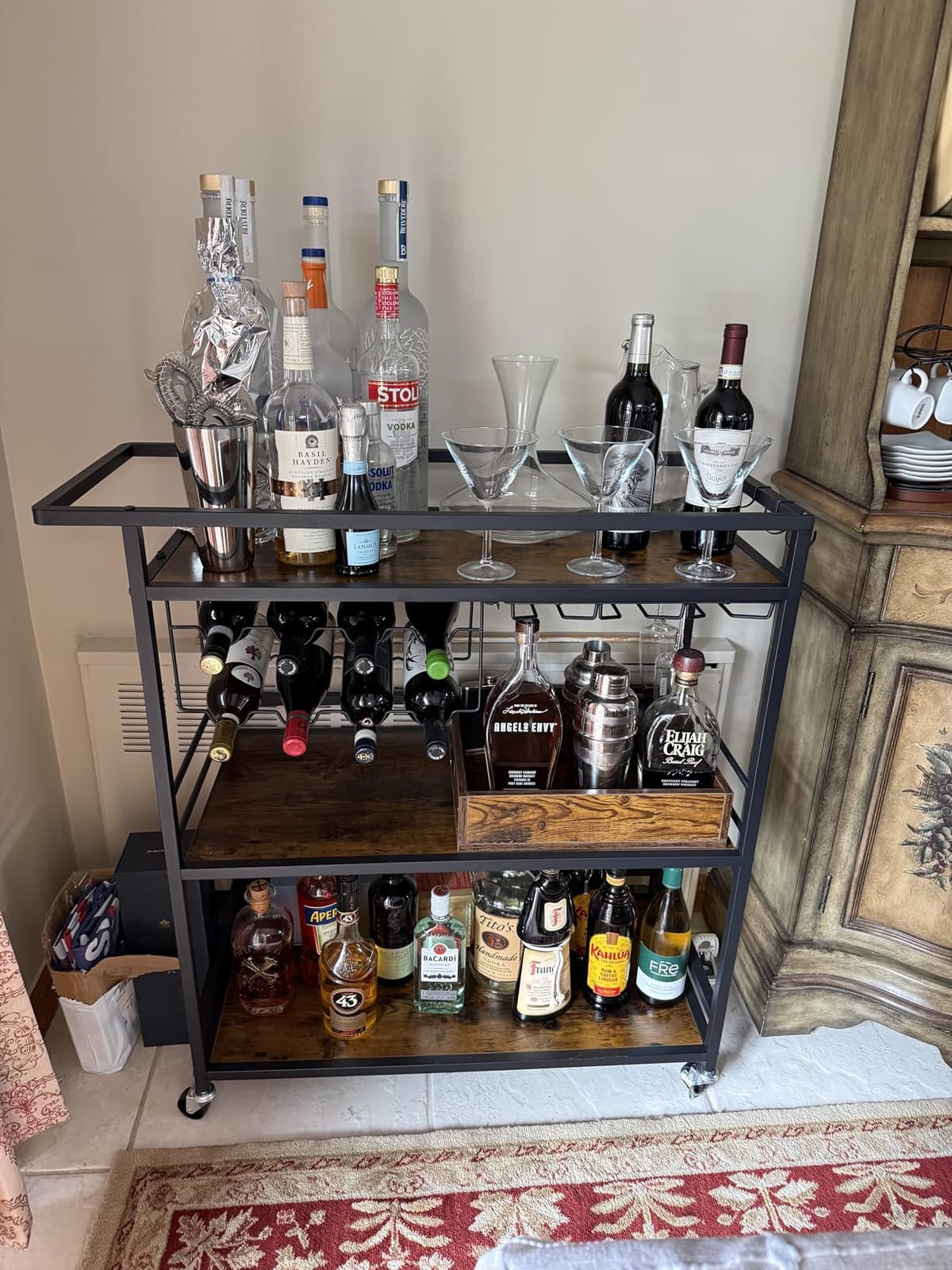 Bar Cart for Home, 3 Tier Rolling Serving Carts with Wheels | Drink Cart, Liquor Stand with Removable Tray, Wine Rack and Glass Holder for Kitchen, Outdoor, Dining Room-Black Brown customer photo 2