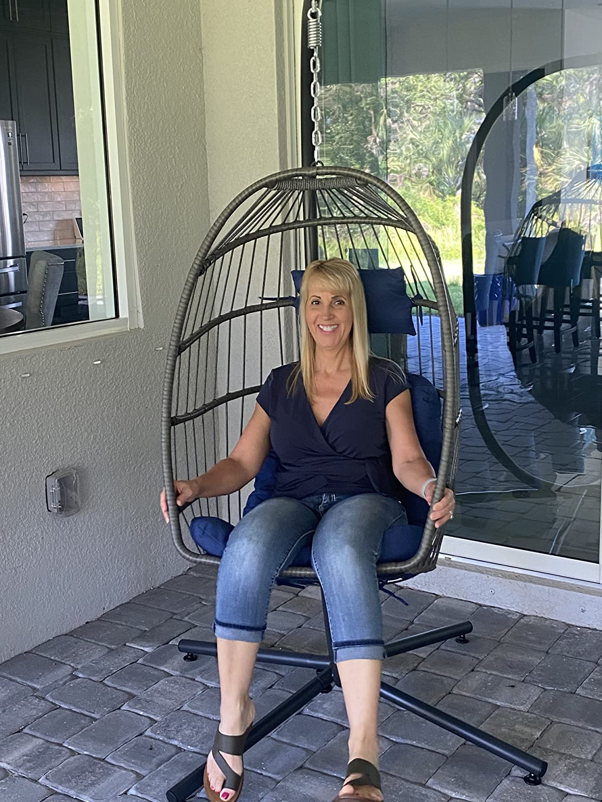 SWITTE Hanging Egg Chair with Stand Outdoor, Wicker Patio Swing, Grey | Indoor Comfy Swinging Chair with Cushion, 400 LBS Capacity, Heavy Duty Egg Shaped Hammock Chairs for Outside Porch, Bedroom customer photo 1