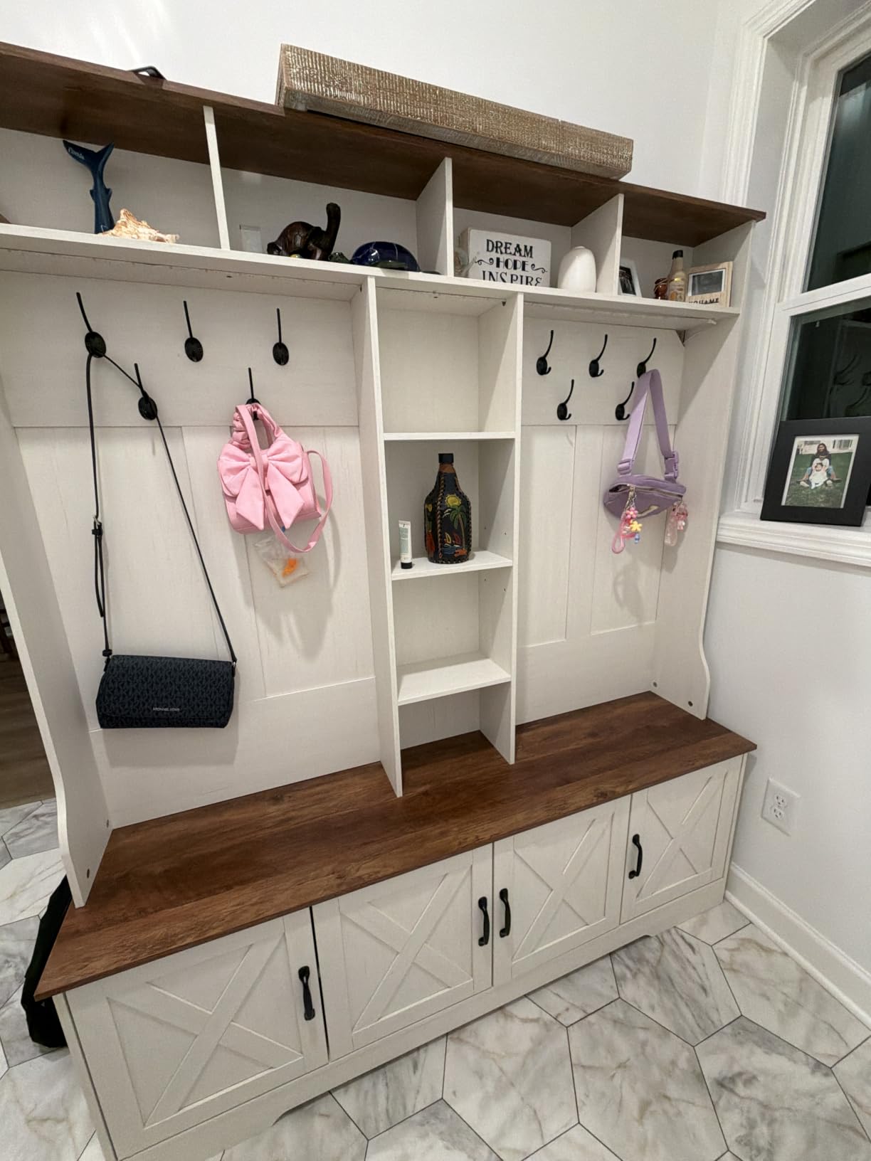 CSZZD Hall Tree with Bench & Entryway Coat Rack with Shoe Storage | Farmhouse Entryway Bench with Led Lights, 7 Coat Hooks, 6 Storage Cubbies, Adjustable Shelf, Spacious Shoe Storage Bench customer photo 1