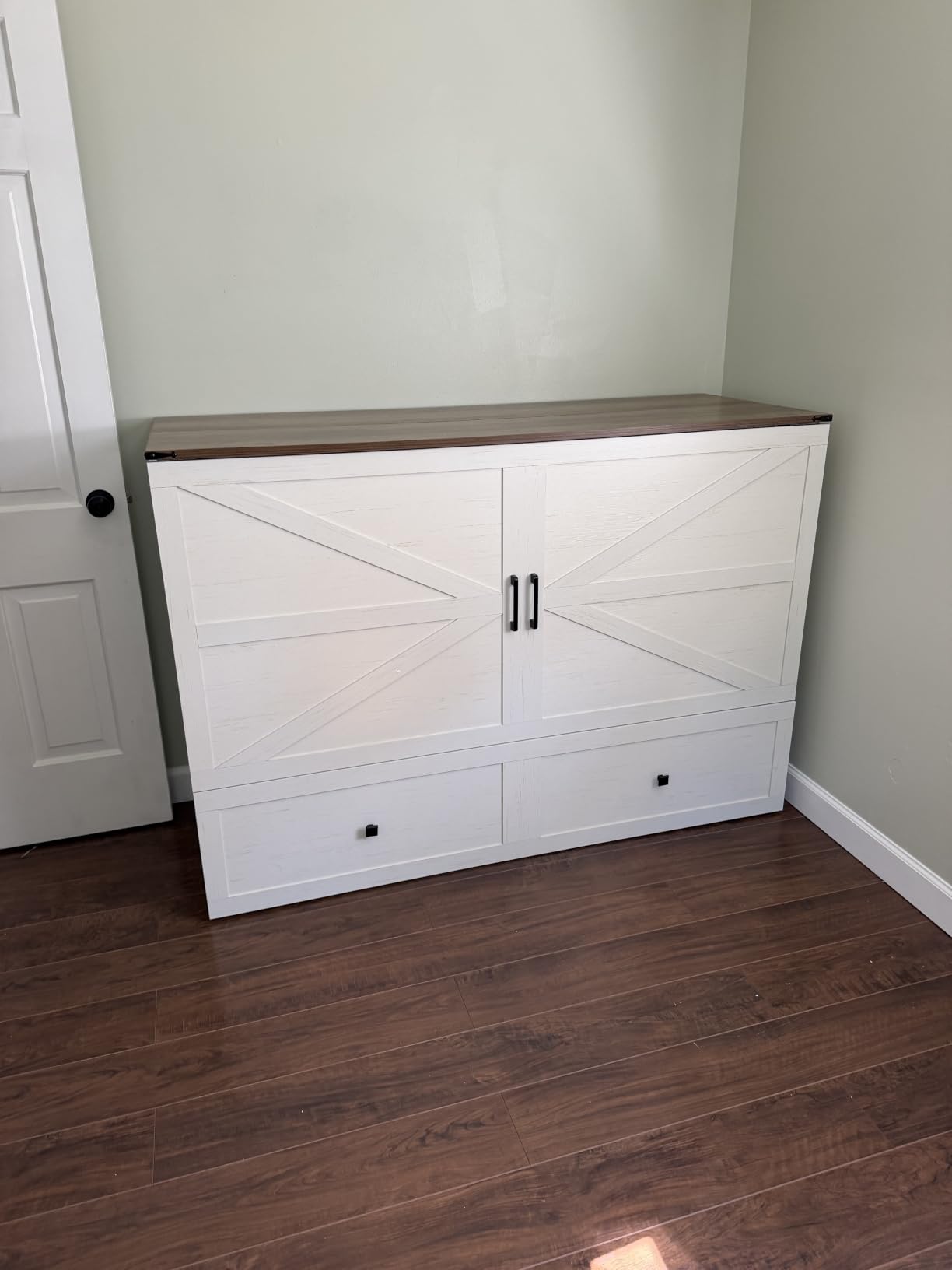 AMERLIFE Full Murphy Bed with Storage & Charging Station, Barnwood Wood Murphy Cabinet, Farmhouse Foldable Platform Bed, Large Drawer, Guest Bedroom & Living Room customer photo 1