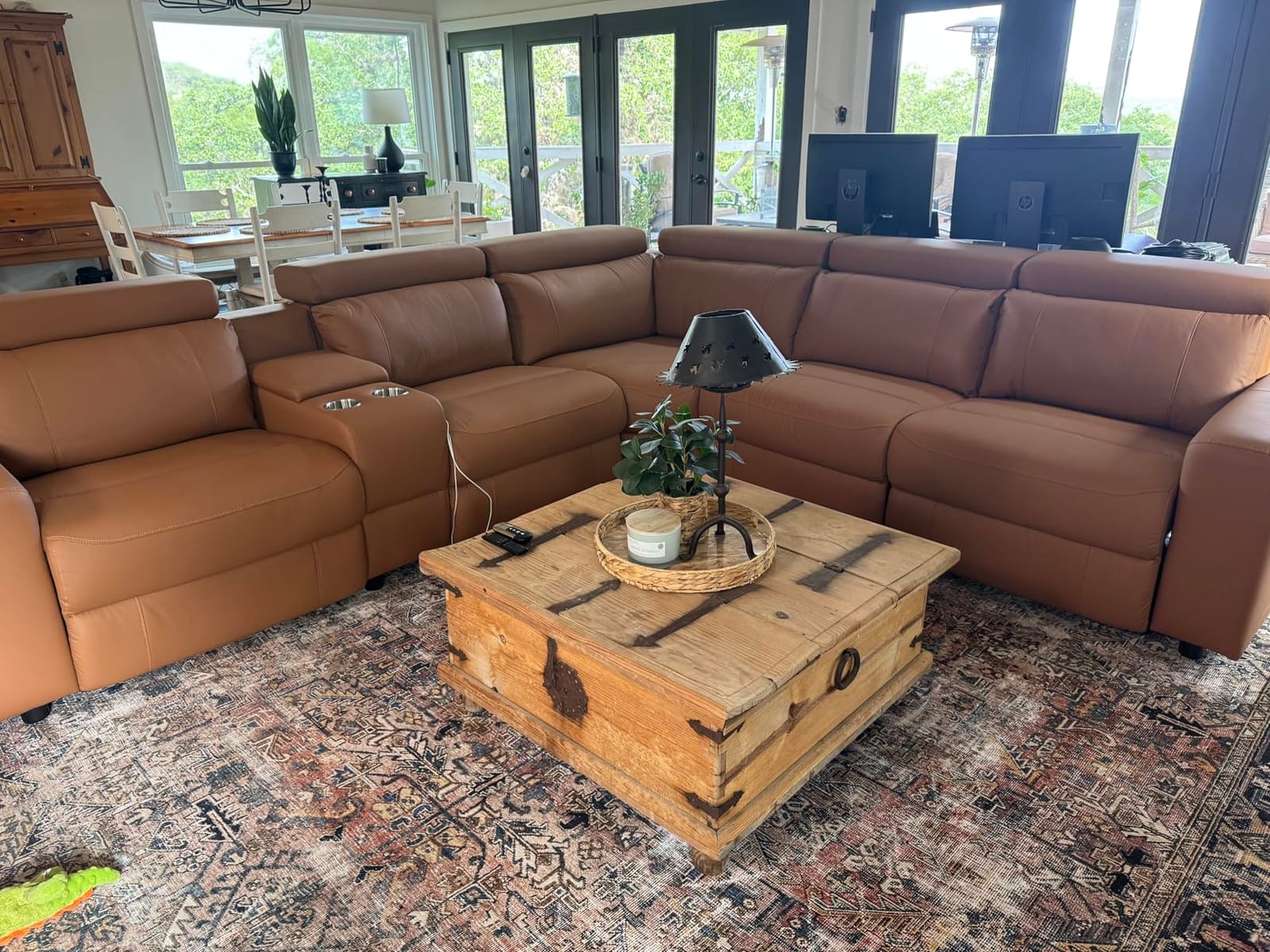 Power Reclining Sectional, Sectional Recliner, Leather Reclining Sectional | Electric Reclining Couch with Storage & USB, Console, Adjustable Headrest & Cup Holders for Living Room, 5-Seater Beige Brown customer photo 1