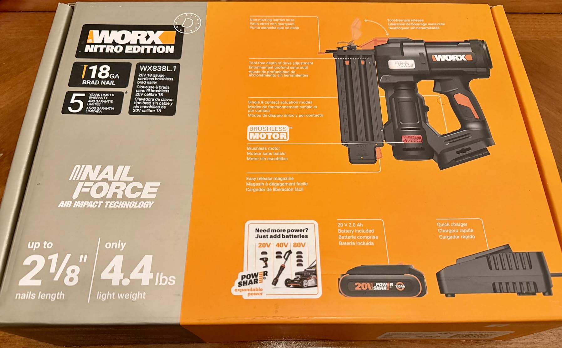 WORX Brad Nailer Cordless, 20V 18 ga Brushless Nail Gun Cordless, High Driving Power, Up to 2-1/8