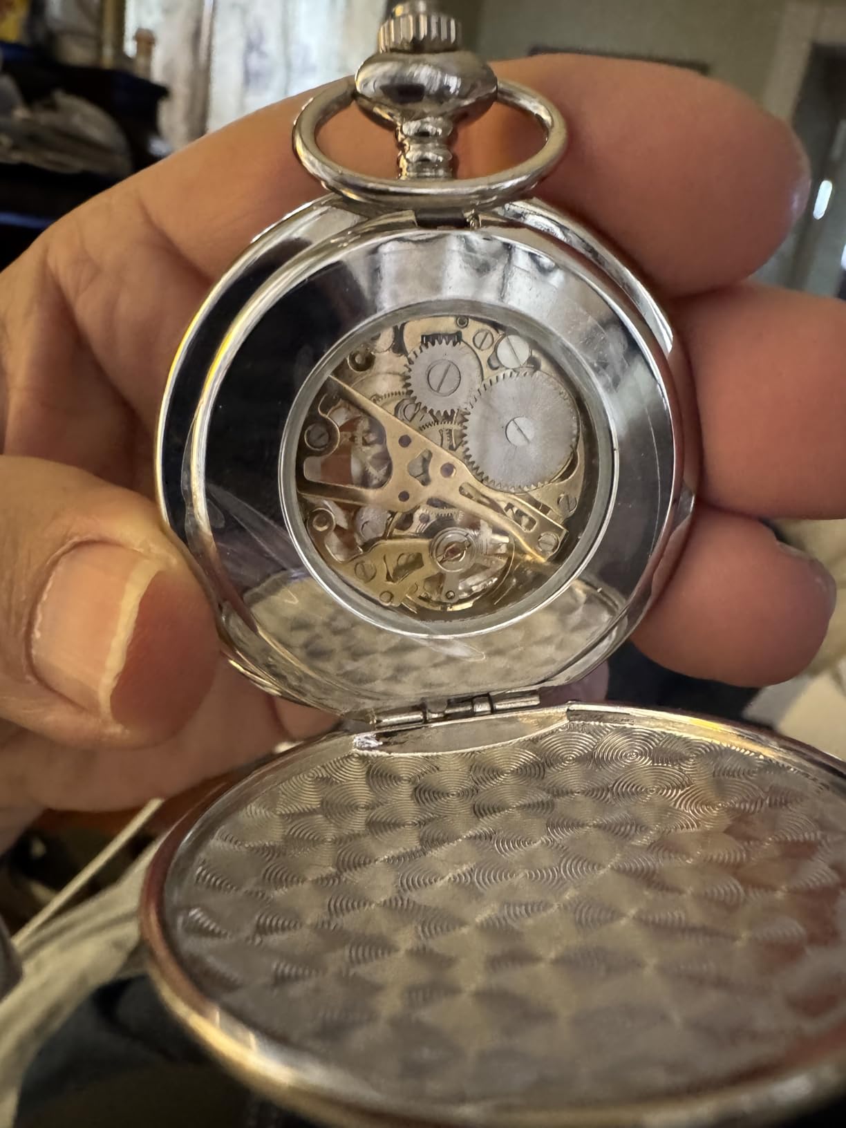 Modern Mechanical Pocket Watch for Men - Smooth Polished Silver Mirror Finish, Double Open Case, Skeleton Hand-Winding Luxury Movement Accessory with 25cm Chain, Gift Box for Holiday & Anniversary customer photo 2