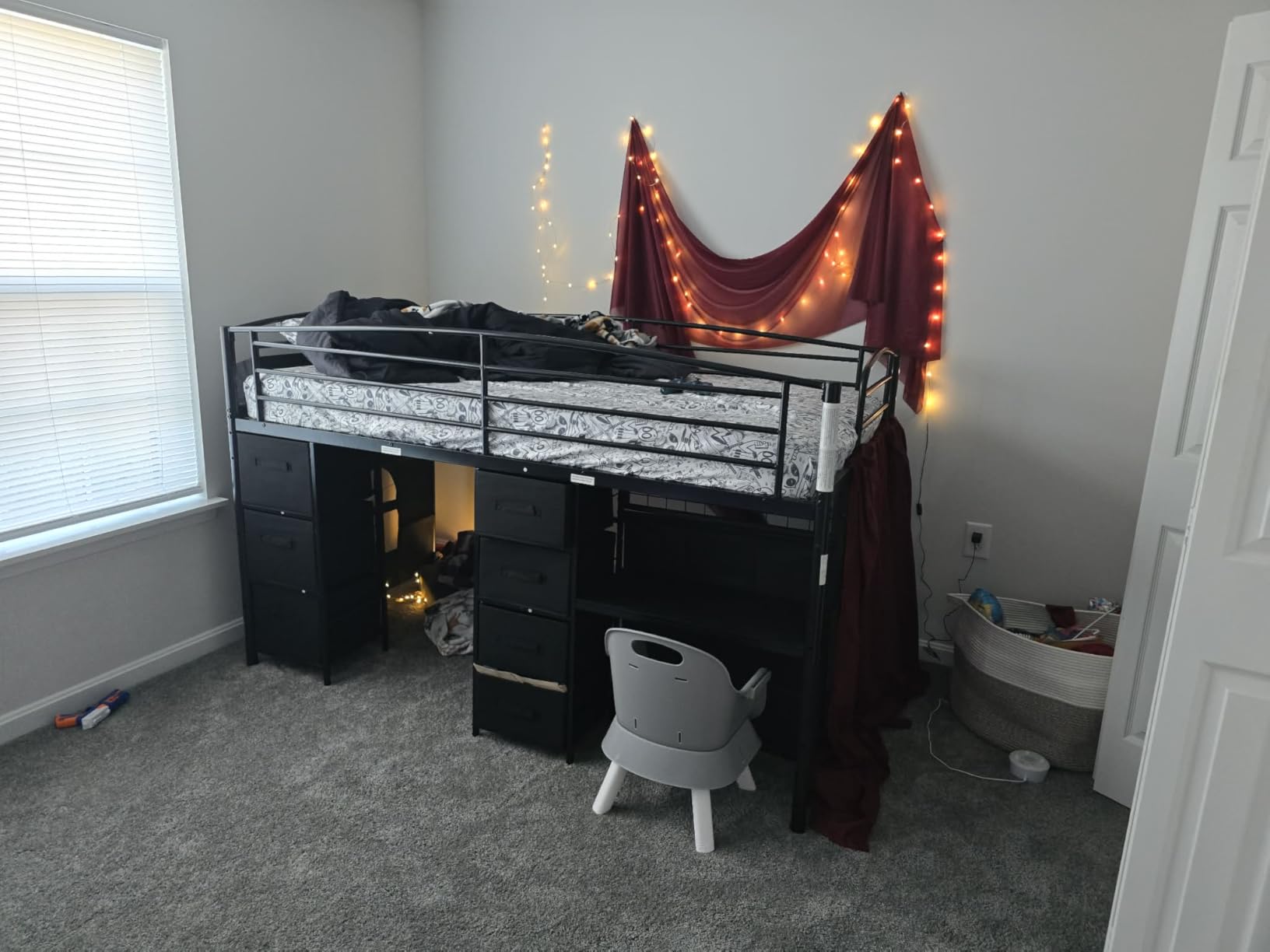Low Loft Bed Twin Size with 7 Storage Drawers, Desk and LED Lights, Heavy Duty Metal Kids Loft Bed with 13.8