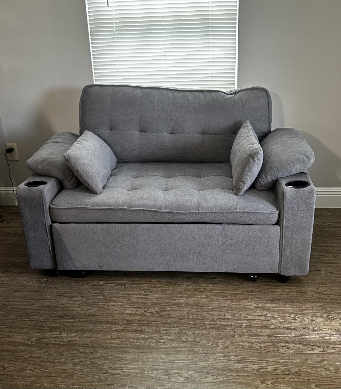58'' Convertible Sofa Bed with USB Charger and Cup Holders, Teddy Fabric Loveseat Pull Out Couch with Adjustable Backrest and Side Pocket for Small Space(Grey) customer photo 2
