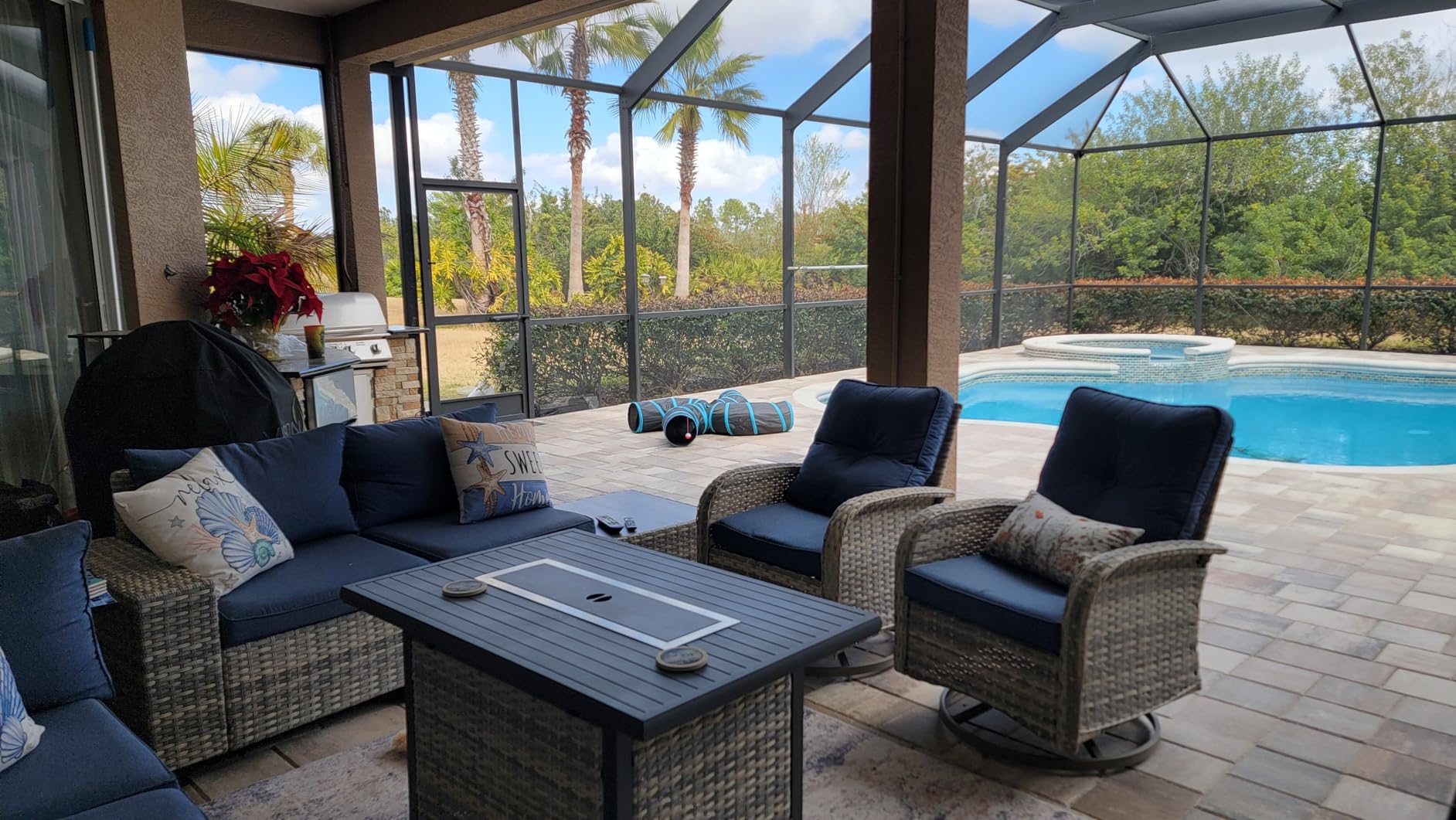 Outdoor Patio Furniture Set PE Wicker Rattan Outdoor Sectional Sofa | Patio Conversation Set with 55,000 BTU Fire Pit Table & Rocking Swivel Chair, Coffee Table & Thickened Cushions, Beige customer photo 2