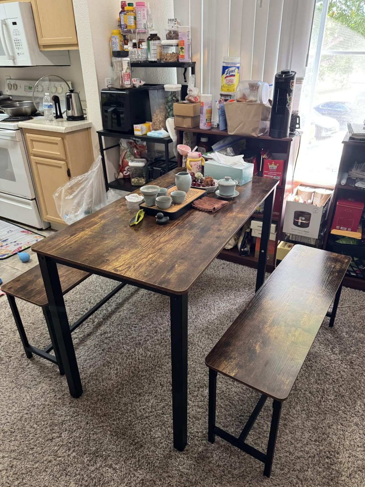 Dining Table Set for 4, Kitchen Table with 2 Benchs, Grey | Modern Functional 3 Piece Space-Saving Dining Room Table Set for Apartment Breakfast Nook and Samll Space customer photo 2