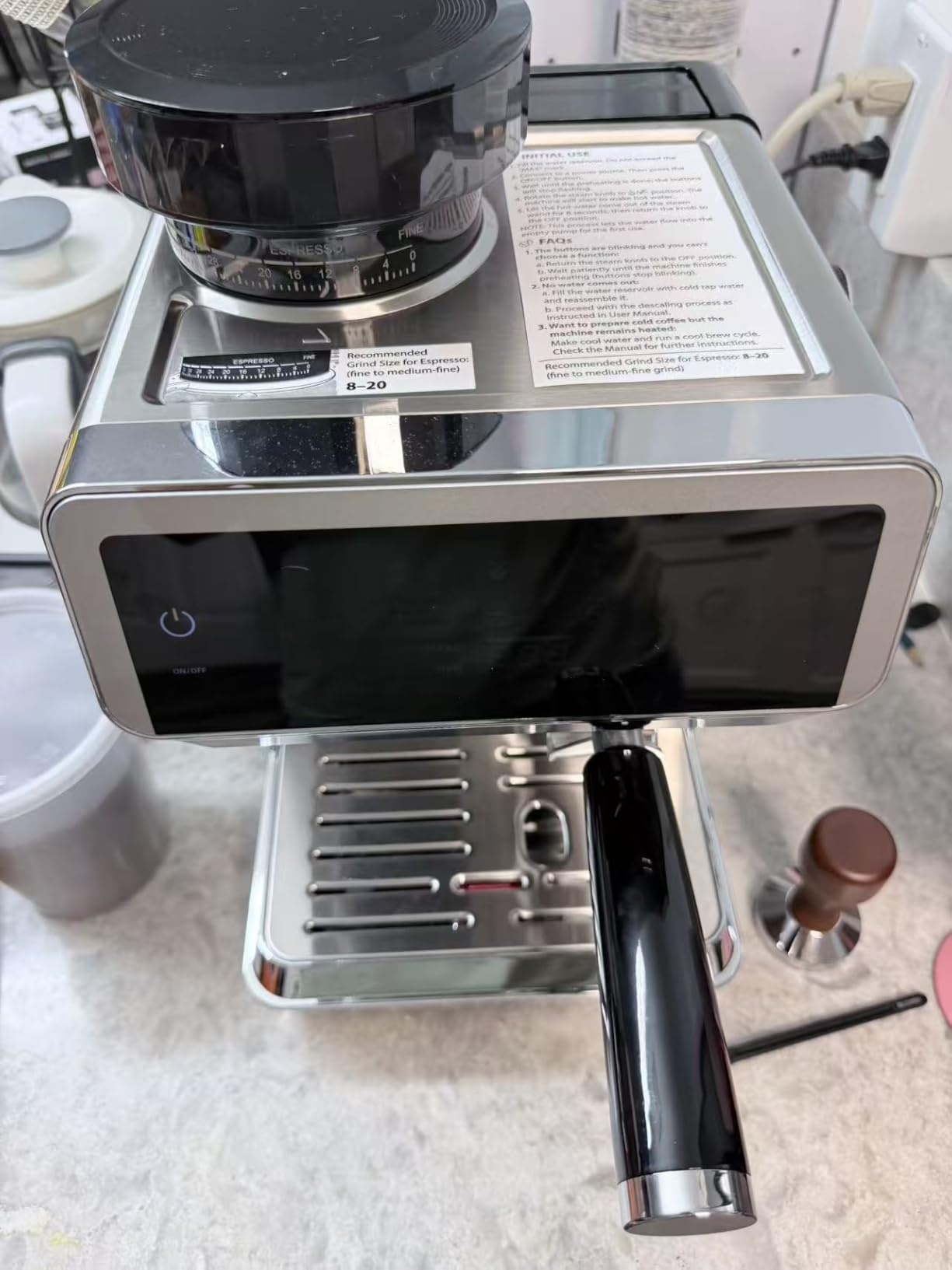 AMZCHEF Espresso Machine With Grinder, Temp Control, 44 Grind Settings | Hot & Cold Brew, Cappuccinos & Lattes, Built-in Grinder, Milk Frother, Touch Screen, Easy to Clean, Compact Design, Silver customer photo 1