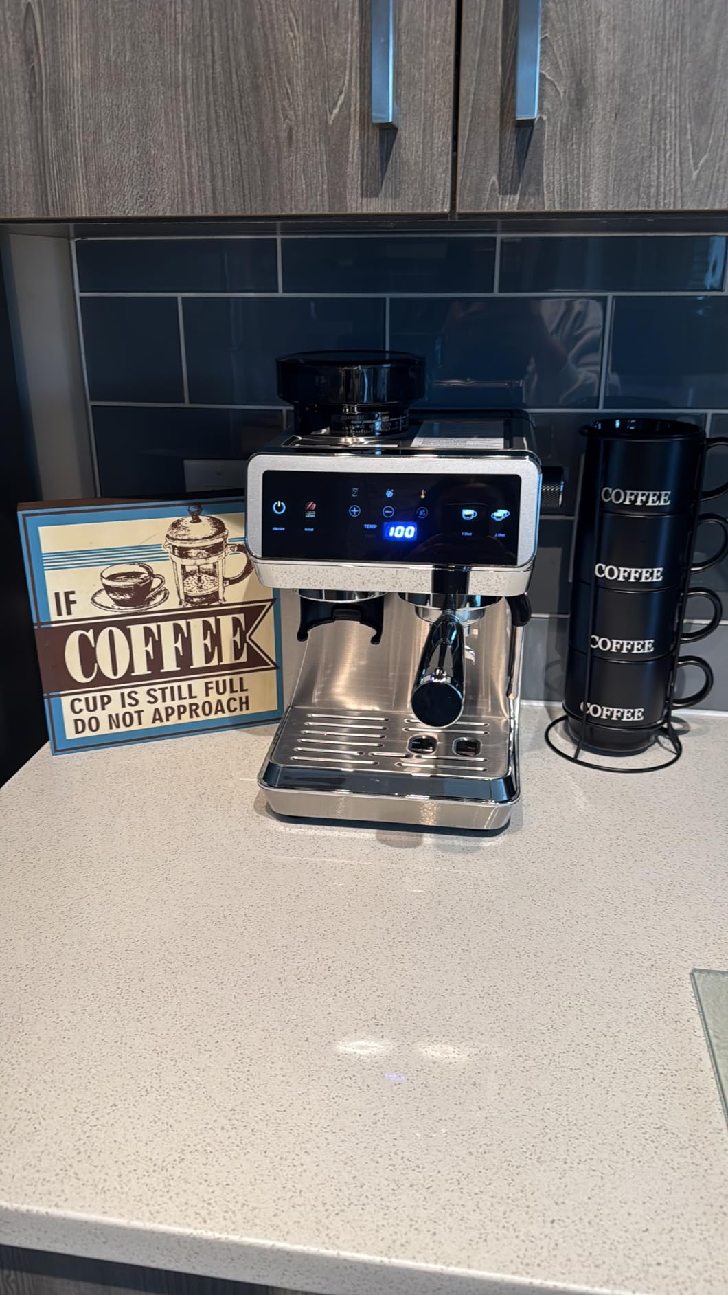 AMZCHEF Espresso Machine With Grinder, Temp Control, 44 Grind Settings | Hot & Cold Brew, Cappuccinos & Lattes, Built-in Grinder, Milk Frother, Touch Screen, Easy to Clean, Compact Design, Silver customer photo 2