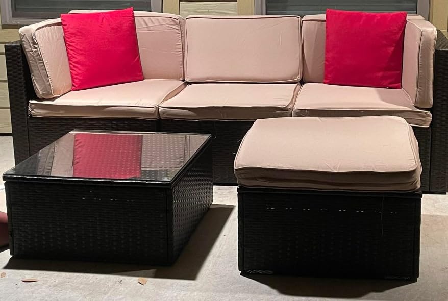 Vongrasig 5 Pieces Outdoor Sectional Furniture, All-Weather Rattan Patio Furniture Set, Wicker Patio Sectional Couch with Cushion, Glass Table, Navy Blue customer photo 2