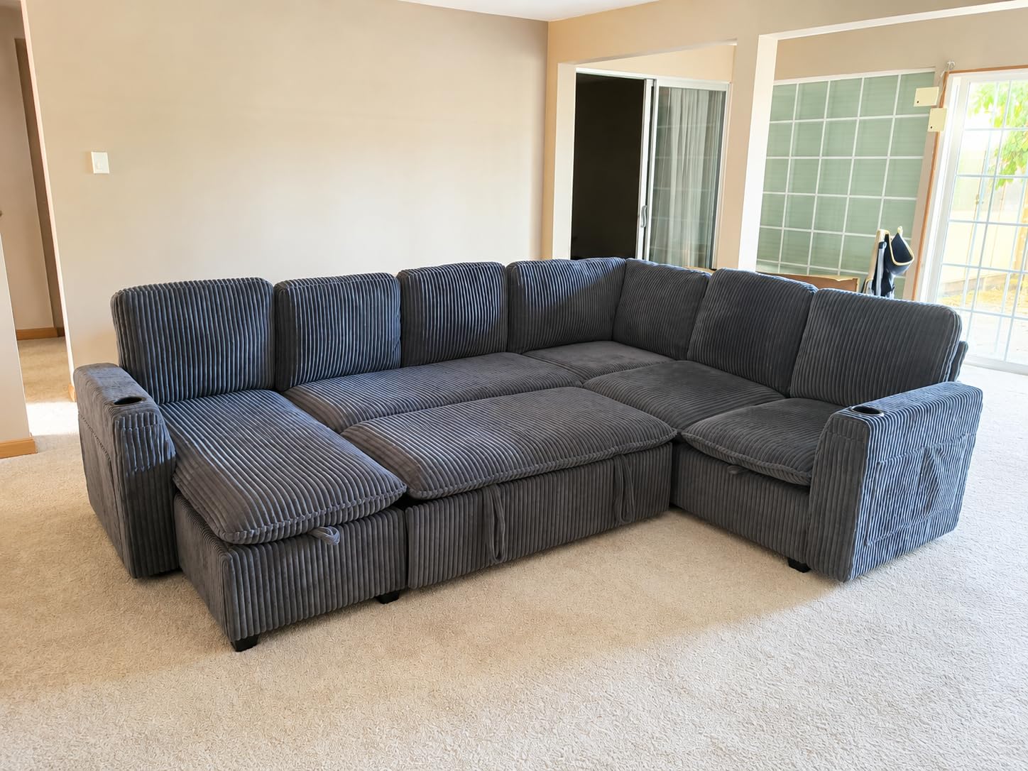Sectional Sleeper Sofa with Pull Out Bed, Plush Corduroy 7 Seat Modular Sectional Sofa with Storage Chaise and Adjustable Backrest, Cloud Couches for Living Room, Apartment, Dark Grey customer photo 2