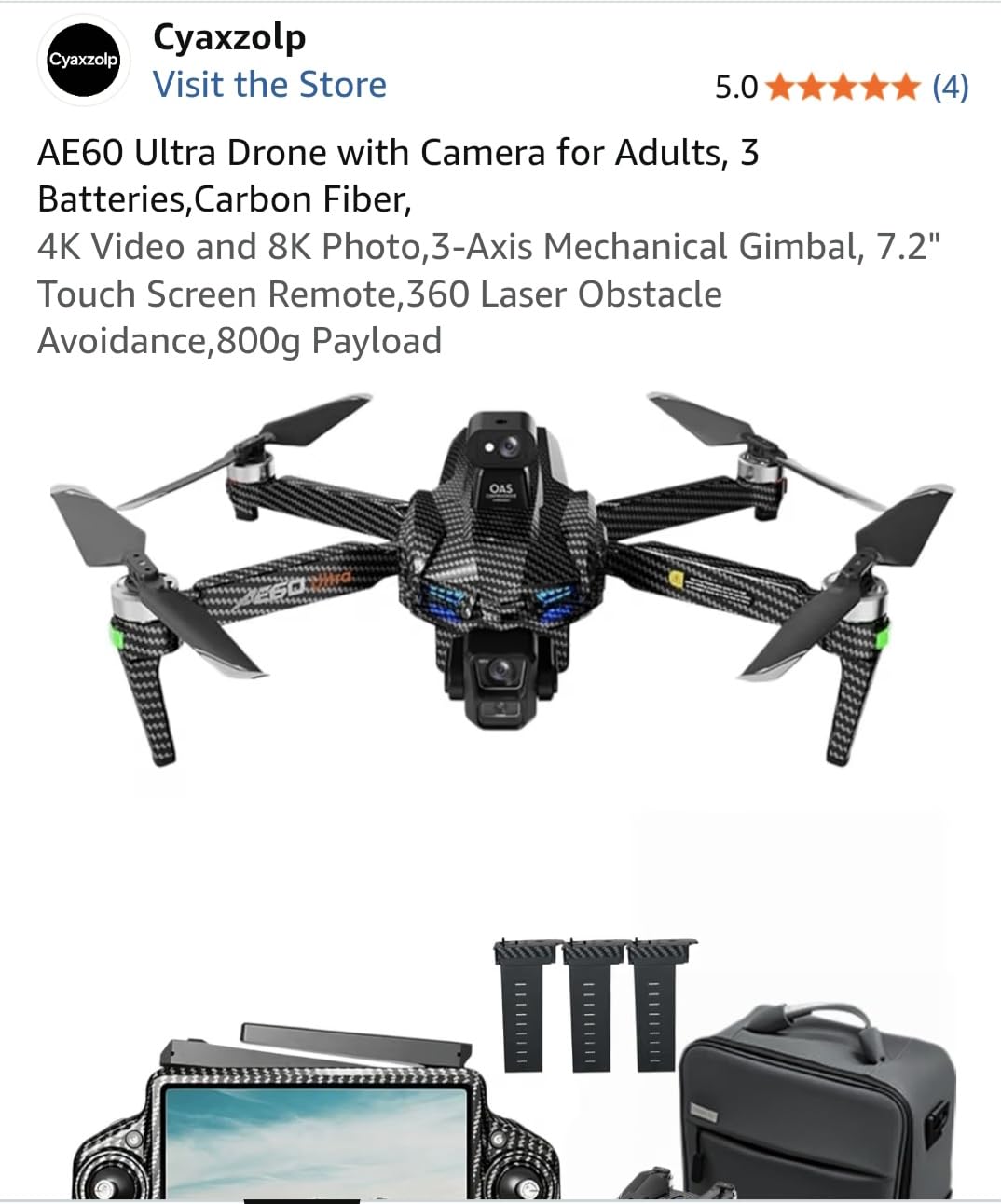 AE60 Ultra Drone with Camera for Adults, 3 Batteries, Carbon Fiber | 4K Video and 8K Photo, 3-Axis Mechanical Gimbal, 7.2