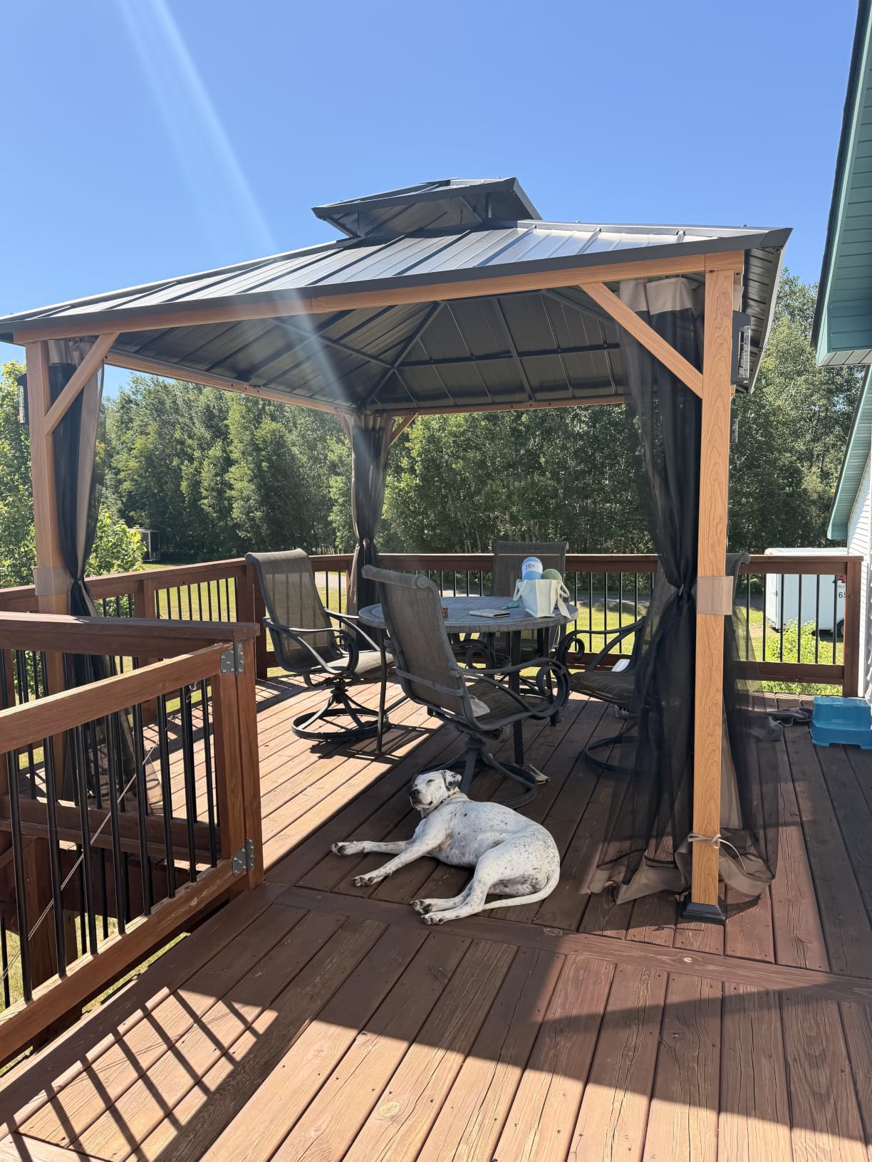 Modern Shade Hardtop Gazebo 10x12 with 4 LED Lights for Backyard Wood Grain | Permanent Hard Top Gazebo with Galvanized Steel Double Roof, Metal Gazebo with Decor Hooks, Mosquito Nettings for Patio customer photo 1